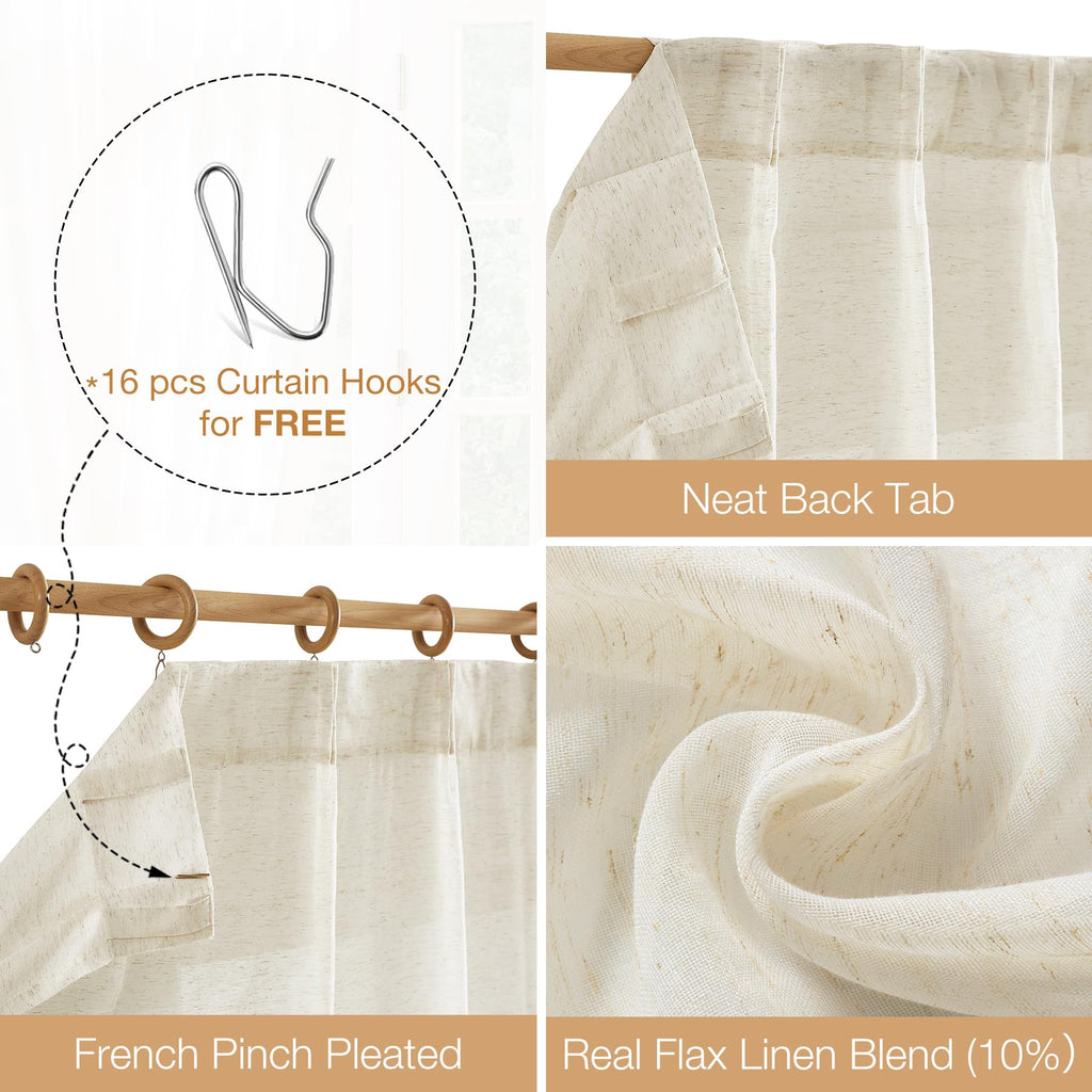 Fmfunctex Linen Sheer Pinch Pleated Curtains For Bedroom, Linen Flax Beige 63 Inch Length Sheer Curtain Panels For Living Room,