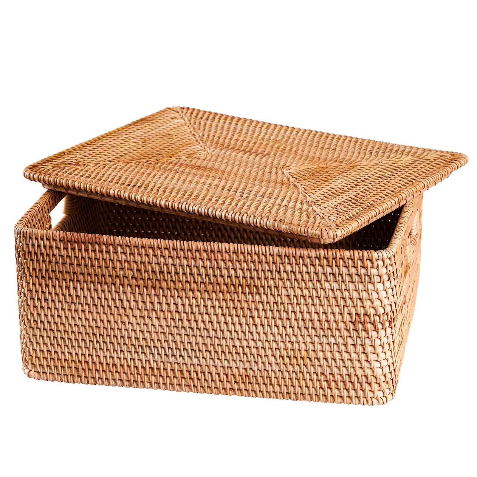 FIYAMMY Rattan Basket With Lid, Large Lidded Basket For Storage Rattan Box(15.3' L  11.4'W  9.5'H)