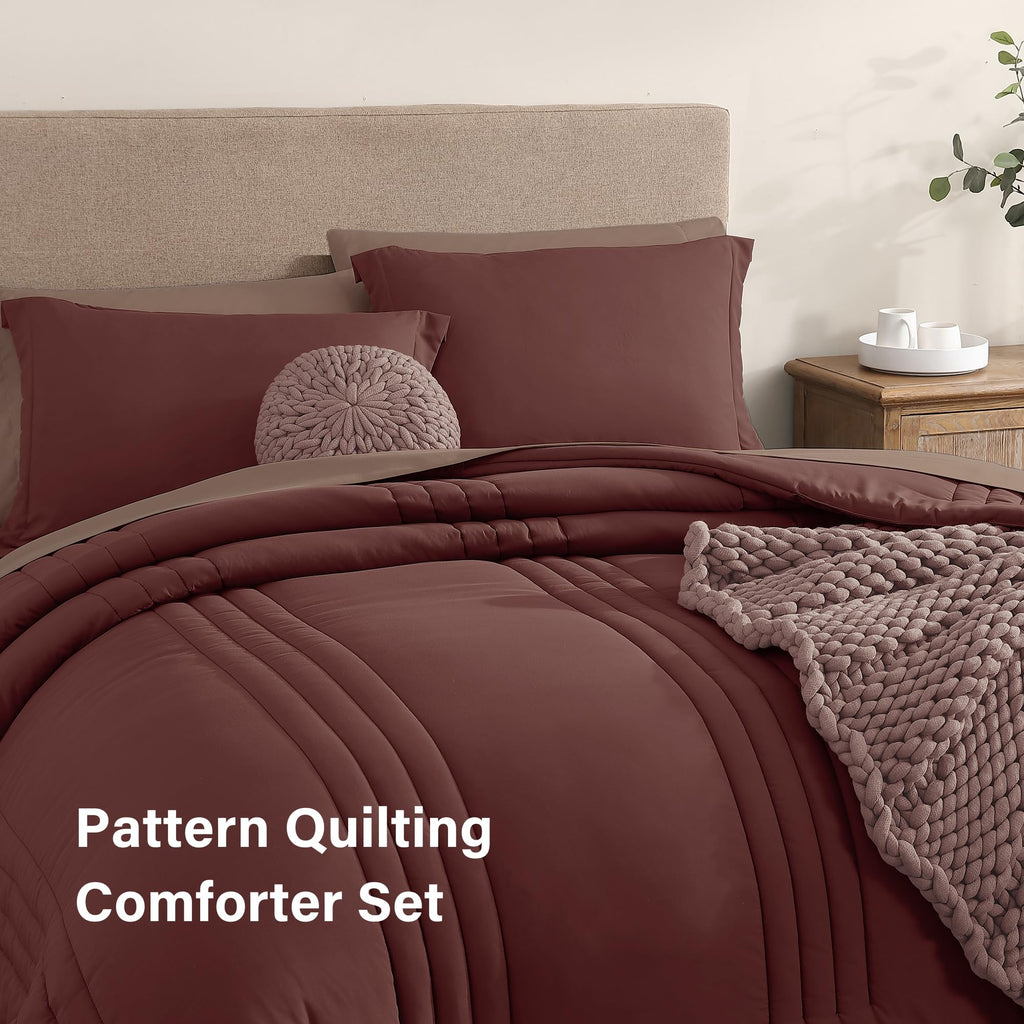 Monbix Queen Comforter Set - 7 Pieces Dark Red Bed In A Bag Queen Bedding Sets With Comforters, All Seasons Down Alternative Com