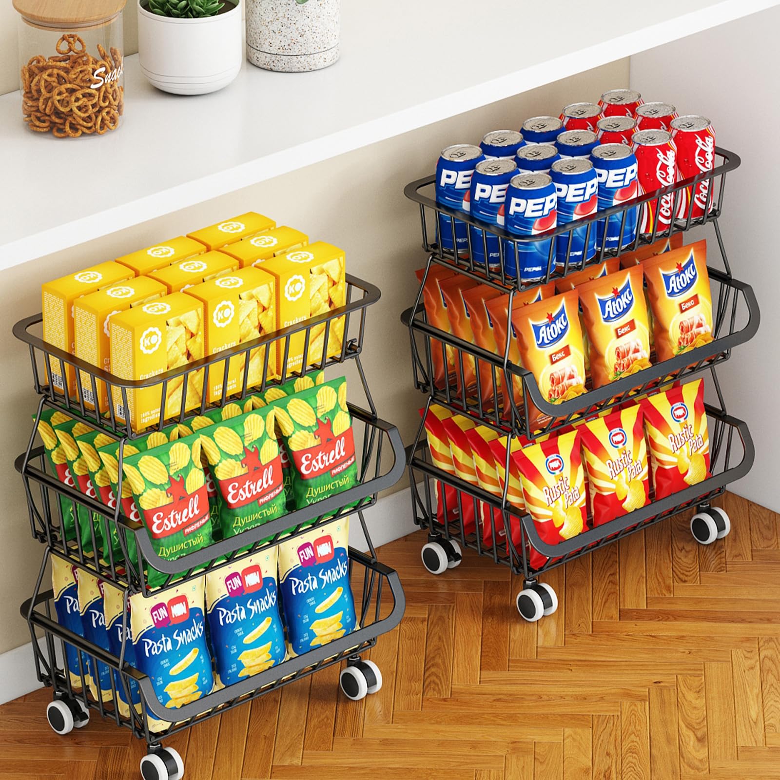 3-Tier Rolling Pantry Cart with Wheels, Stackable Wire Storage Floor Organizer for Kitchen Pantry Snack Shelves, Fruit Basket St