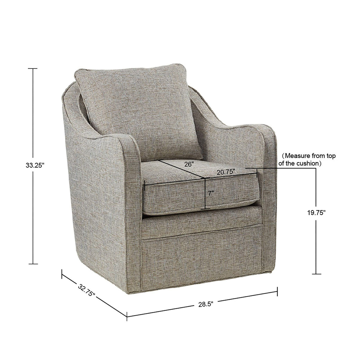 Madison Park Brianne Swivel Accent Chair, 360 Degree Armchair with Metal Base Stand, Pillowback Support, Slub Weave, Wide Seat for Nursery or Living Room Fully Assembled, Grey