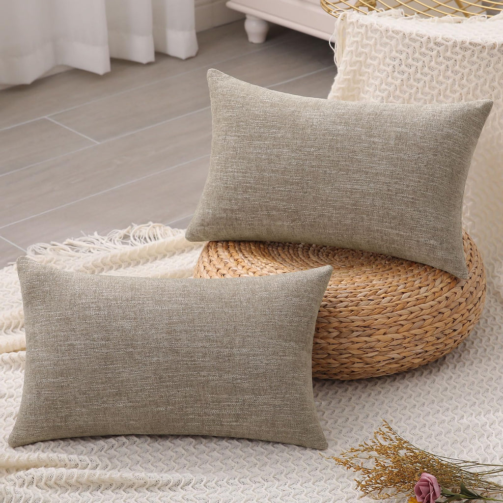 Decoruhome Decorative Throw Pillow Covers 12X20 Set Of 2, Lumbar Farmhouse Pillow Covers, Chenille Soft Pillow Covers For Couch Sofa Bed, Khaki