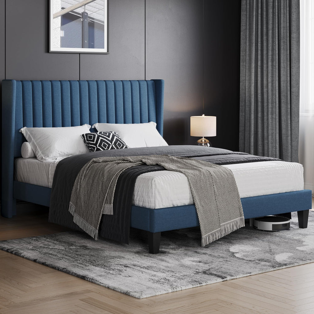 Yaheetech Queen Bed Frame Upholstered Platform Bed With Fabric Headboard, Wing Edge Design/Non-Slip And Noise-Free/Wooden Slats Support/No Box Spring Needed/Easy Assembly, Navy Blue Queen Bed