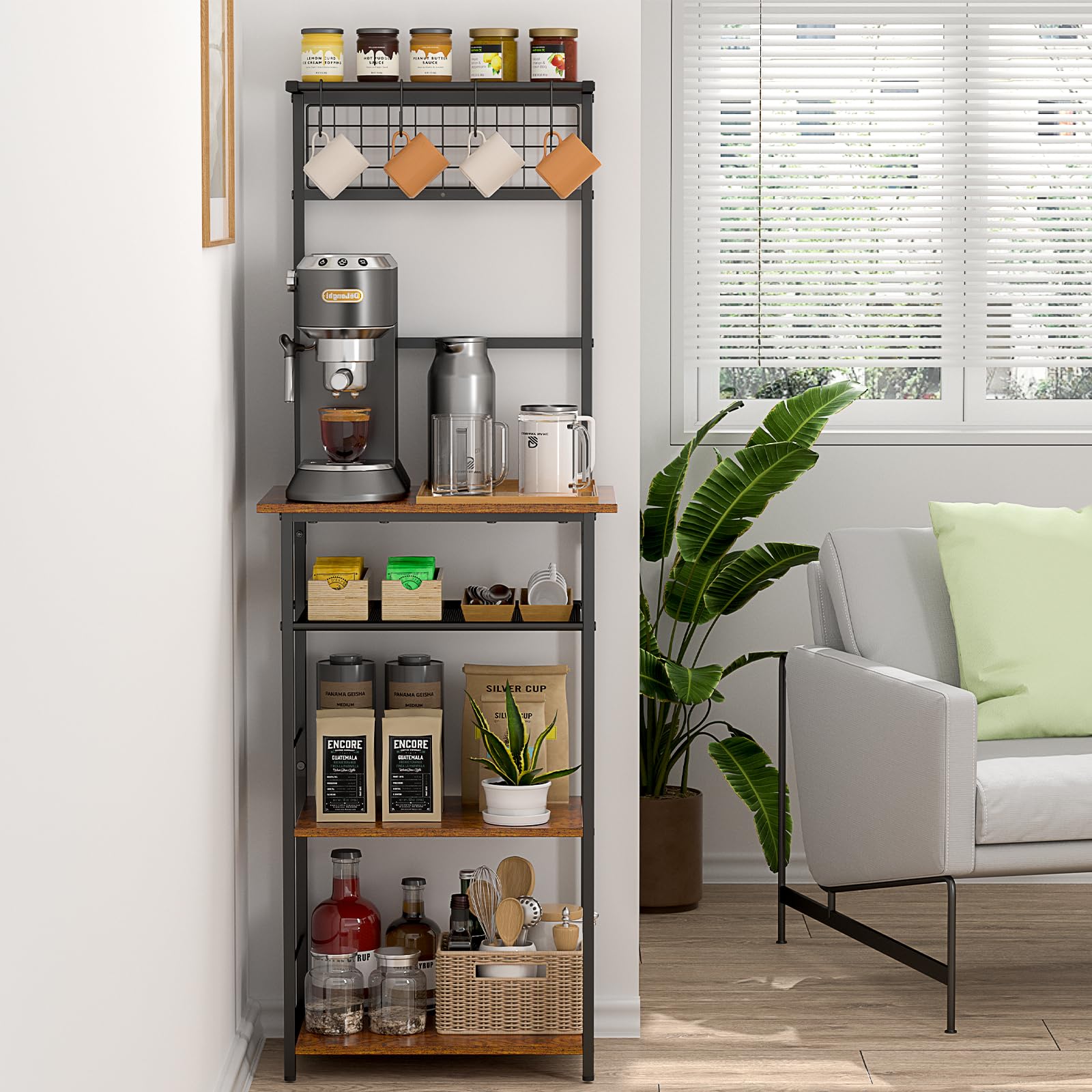 5 Tier Coffee Bar Station, Coffee Stand Station with 4 S-Shaped Hooks, Farmhouse Corner Coffee Bar Cabinet for Small Spaces, Bak