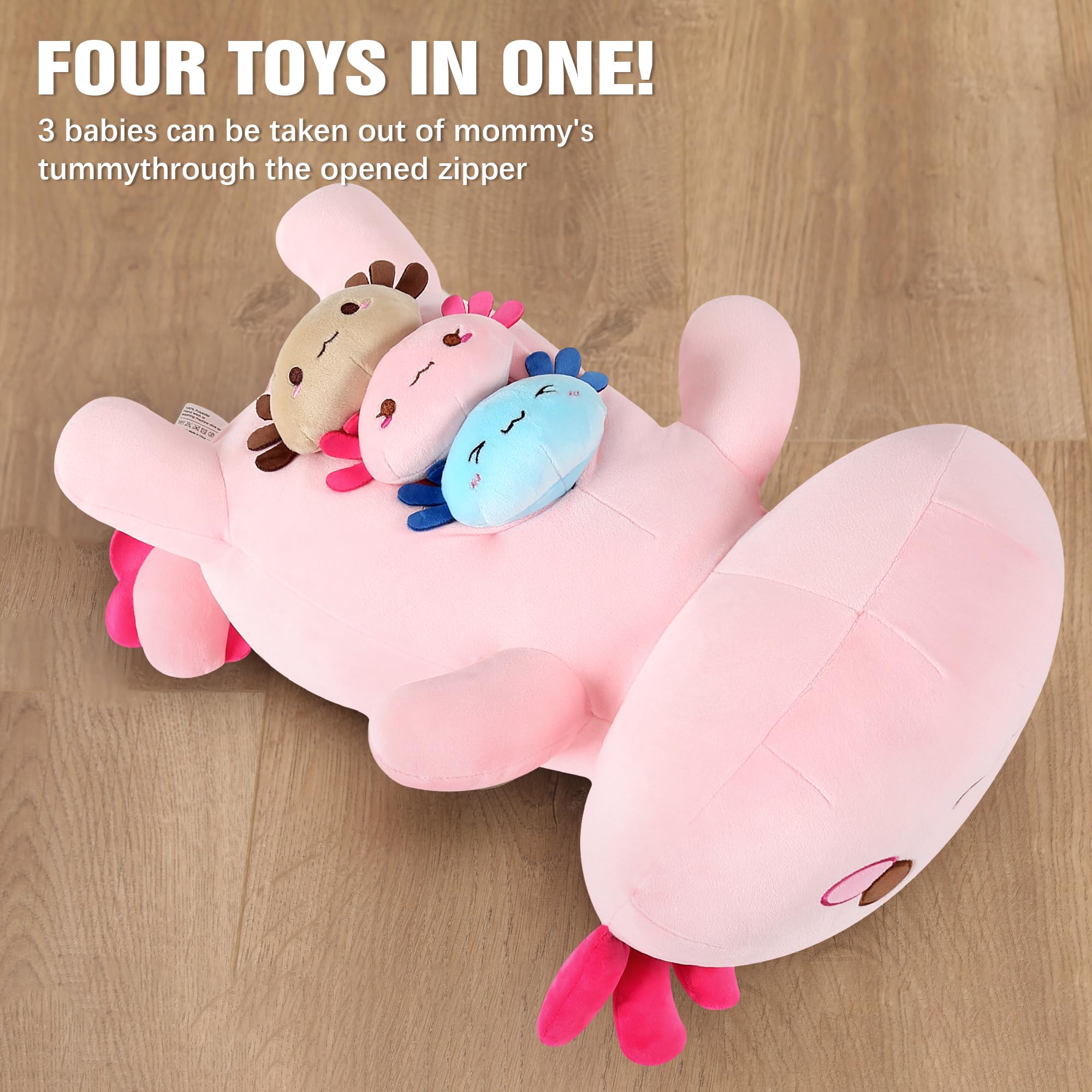 Onsoyours Axolotl Stuffed Animal Mommy 19.7" with 3 Baby Axolotls Plush Pillow Toys, Pink, Polyester