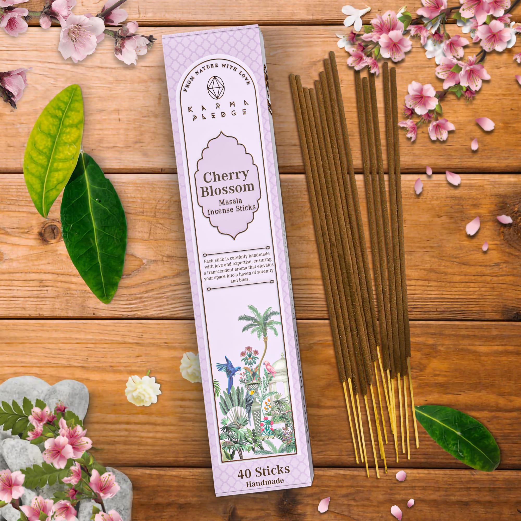 Incense Sticks, Cherry Blossom Incense, Made With Natural Ingredients, Hand Rolled Aromatic Masala, 40 Stick Pack, 45-60 Minute