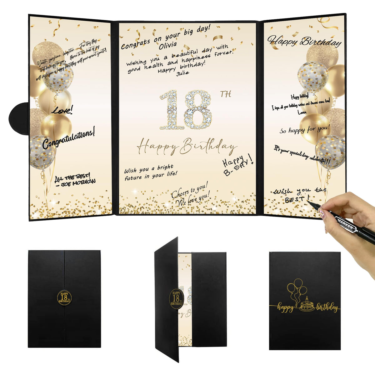 DARUNAXY Black Gold 18th Birthday Party Decorations, Happy 18th Birthday Alternative Signature Guest Book for Boys & Girls Cheer