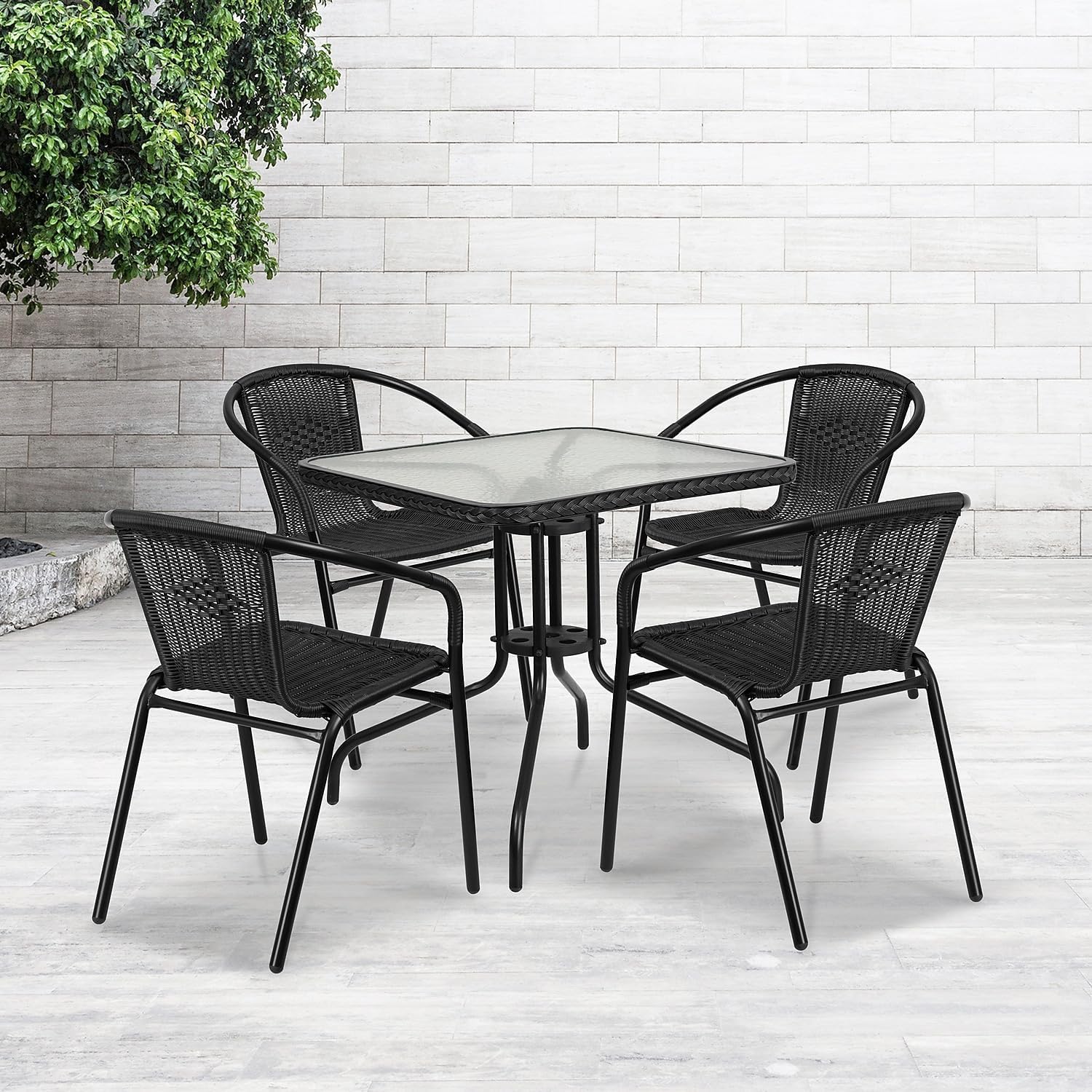 28 Square Glass Metal Table with Black Rattan Edging and 4 Black Rattan Stack Chairs