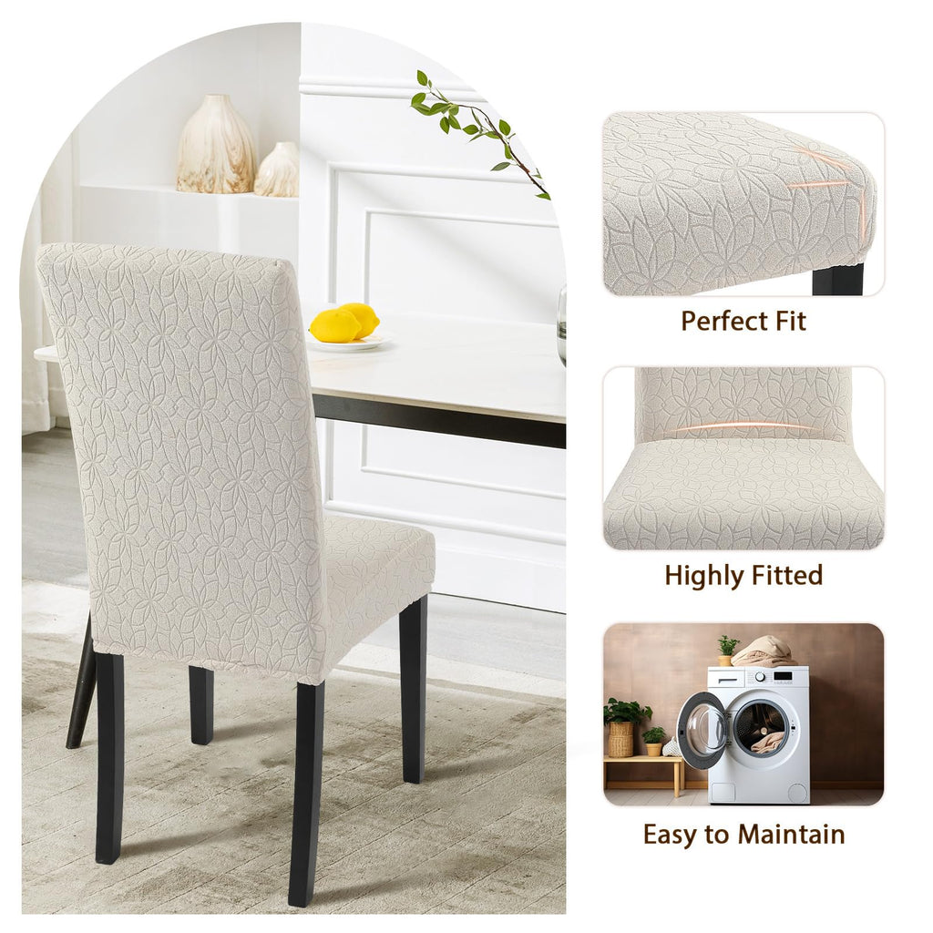 Searchi Jacquard Dining Room Chair Covers Set Of 6, Stretch Kitchen Chair Covers Washable Parsons Chair Slipcover Removable Dining Chair Protectors For Hotel,Ceremony(Beige Floral Texture)