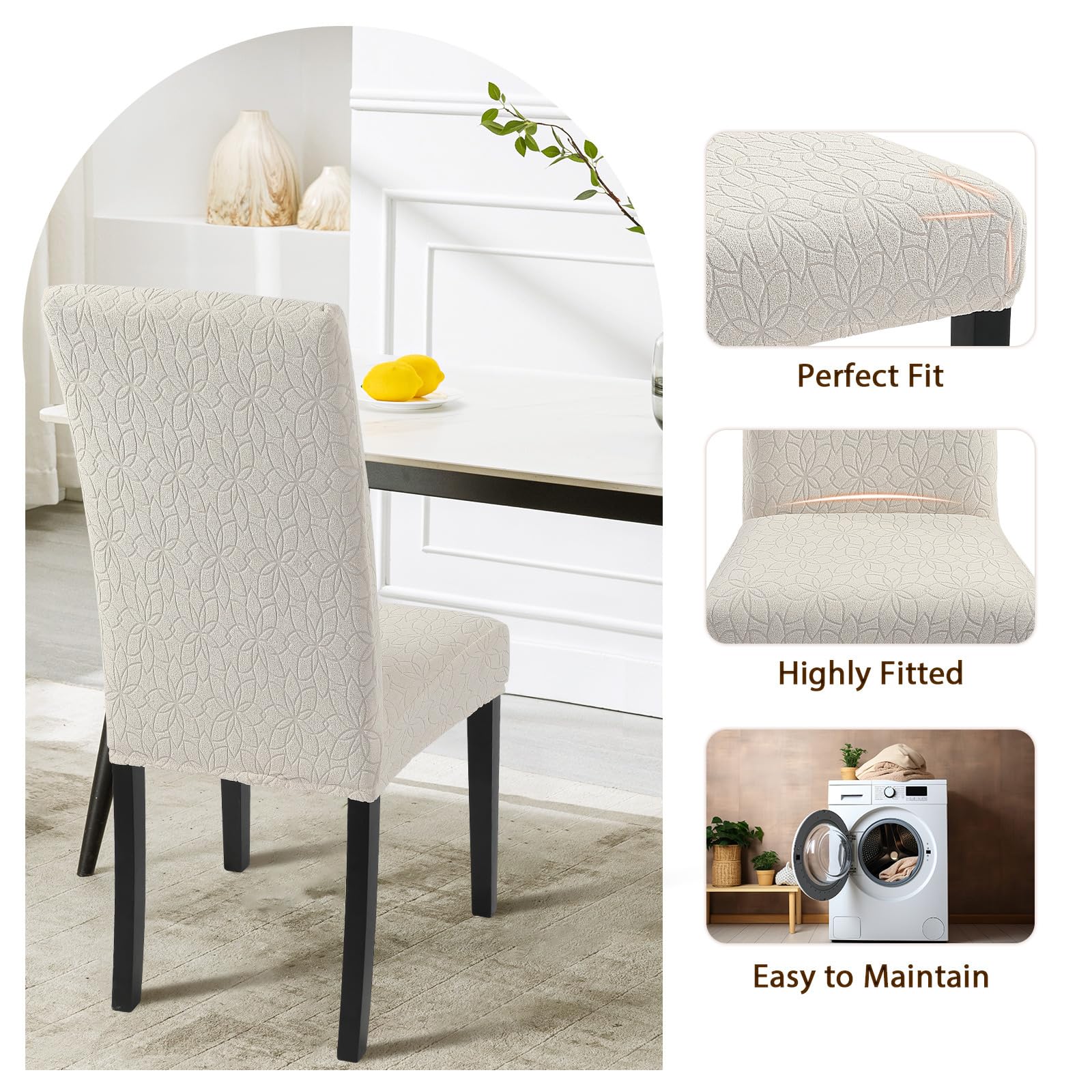 Searchi Jacquard Dining Room Chair Covers Set Of 6, Stretch Kitchen Chair Covers Washable Parsons Chair Slipcover Removable Dining Chair Protectors For Hotel,Ceremony(Beige Floral Texture)