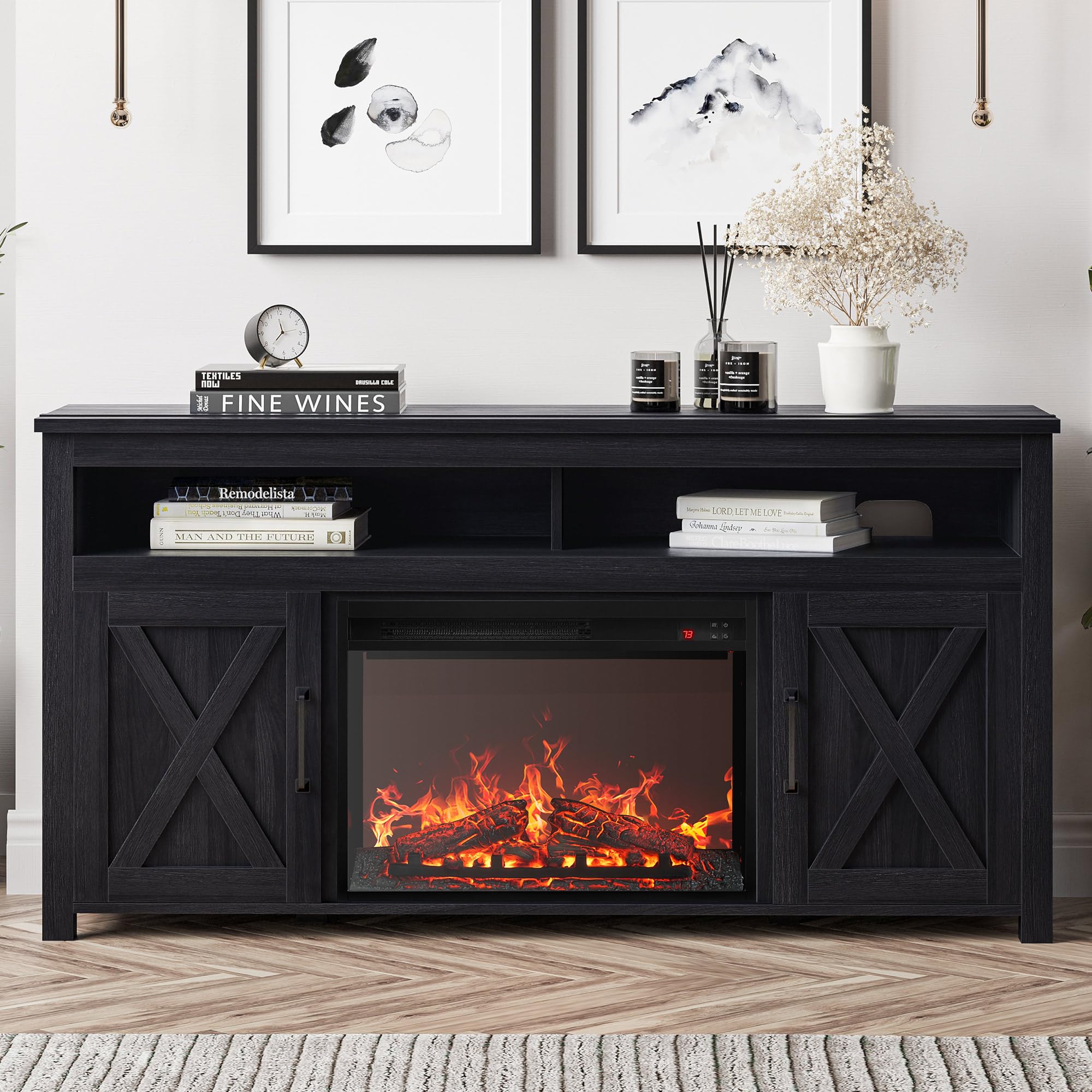 Belleze 58' Farmhouse Fireplace Tv Stand For Tvs Up To 65', 23' Electric Fireplace Heater With Sound, Entertainment Center Media Console Table Barn Door Storage Cabinets For Living Room - Rustic Grey