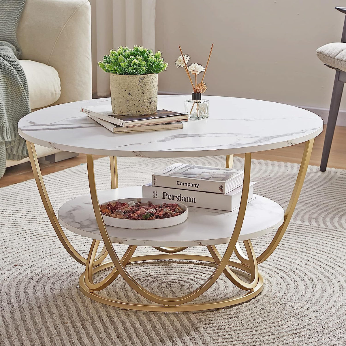 Skaffix Metal Frame Center Table For Living Room, Dining Room, Bedroom, And Round End Table With Additional Storage, Round Moder