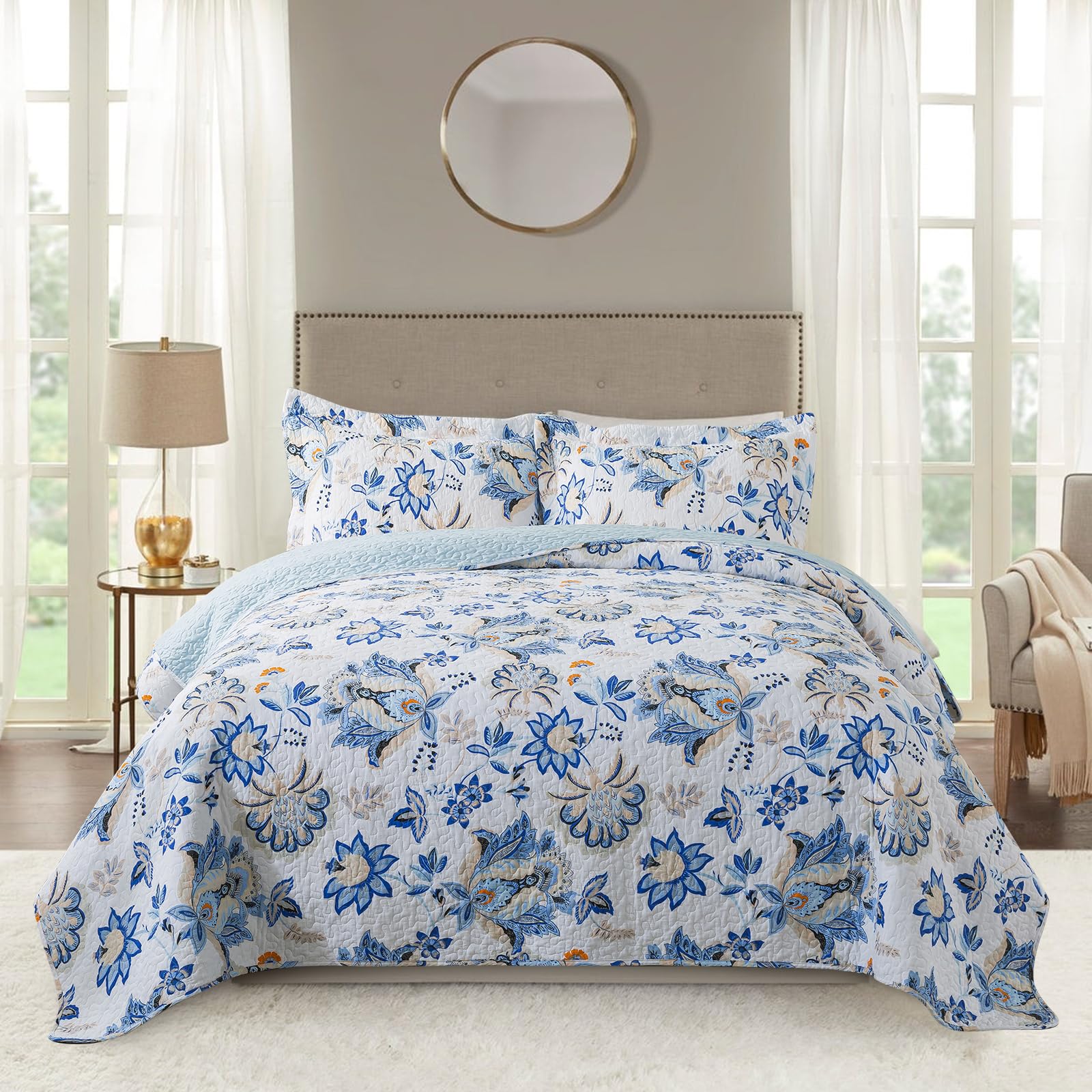 Newlake Cotton Bedspread Quilt Sets-Reversible Patchwork Coverlet Set, Gorgeous Floral Pattern, King Size