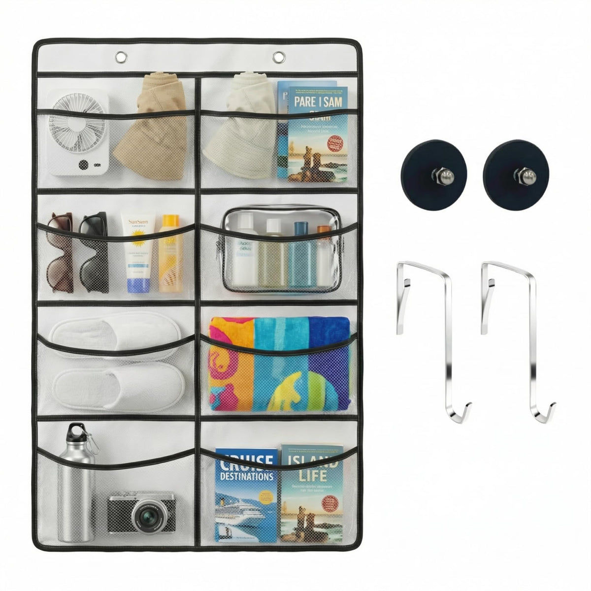 ANNISITE Magnetic Cruise Organizer, 8 Large Durable Pockets Over The Door Organizer For Cruise Ships, Magnetic & Hanging Cruise 