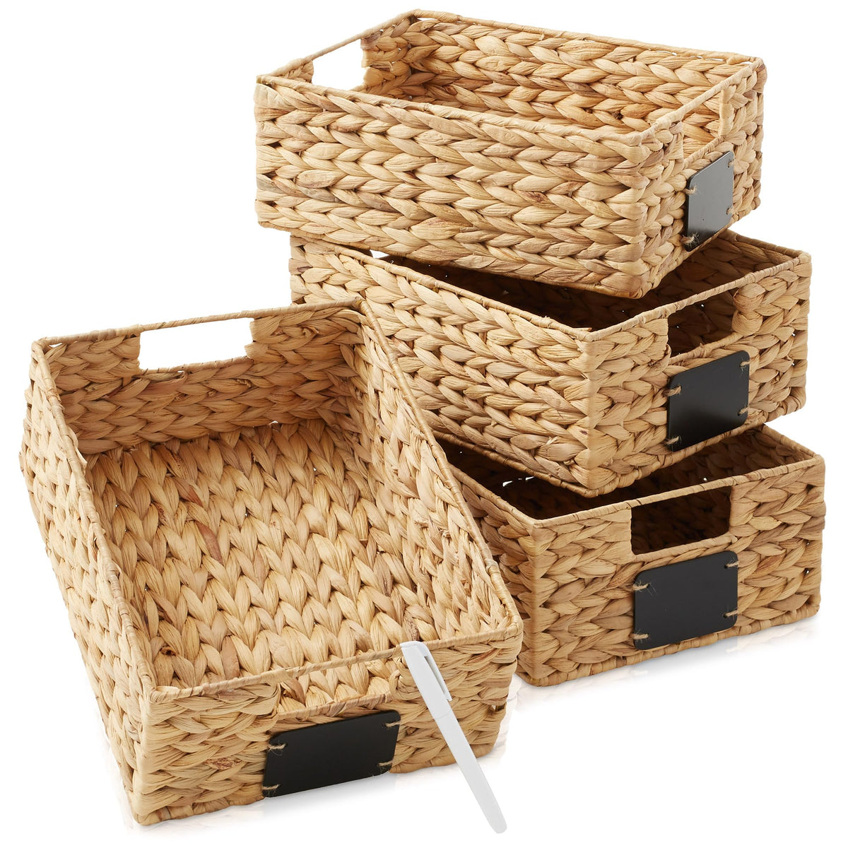Casafield Set of 4 Water Hyacinth Pantry Baskets, 10 x 13 x 5, with Chalkboard Labels and Chalk Marker - Natural, Woven Storage 