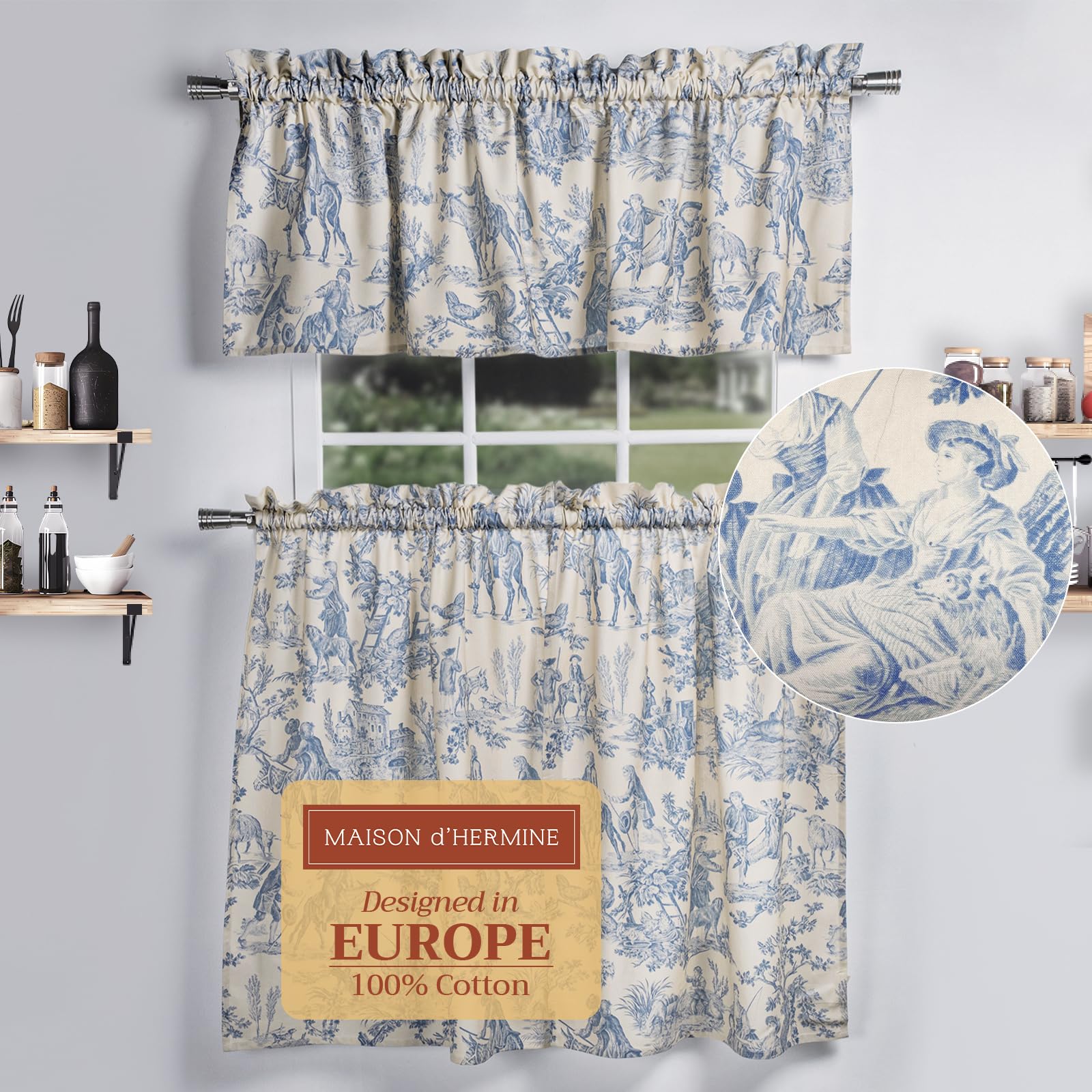 Maison d Hermine Miller - Blue 100% Cotton Set of 3 Kitchen Window Curtain for Cafe Kitchen Bedroom Home [2 Tiers (28X36) and 1