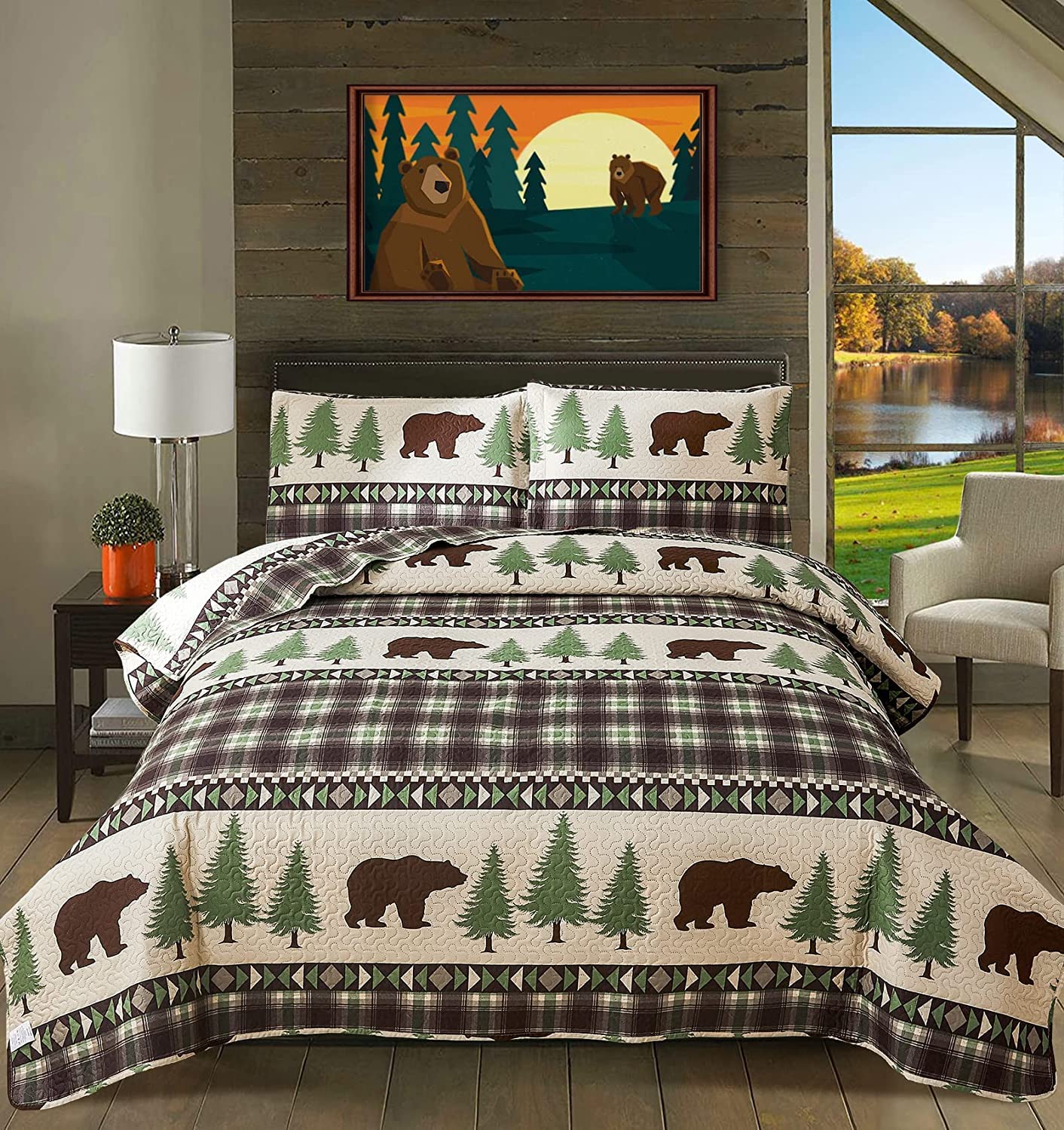 Quilts Queen Size, 3Pcs Rustic Cabin Bedspread Coverlet Set Brown Bear Green Pine Tree Bedding Set Lightweight Soft Reversible P