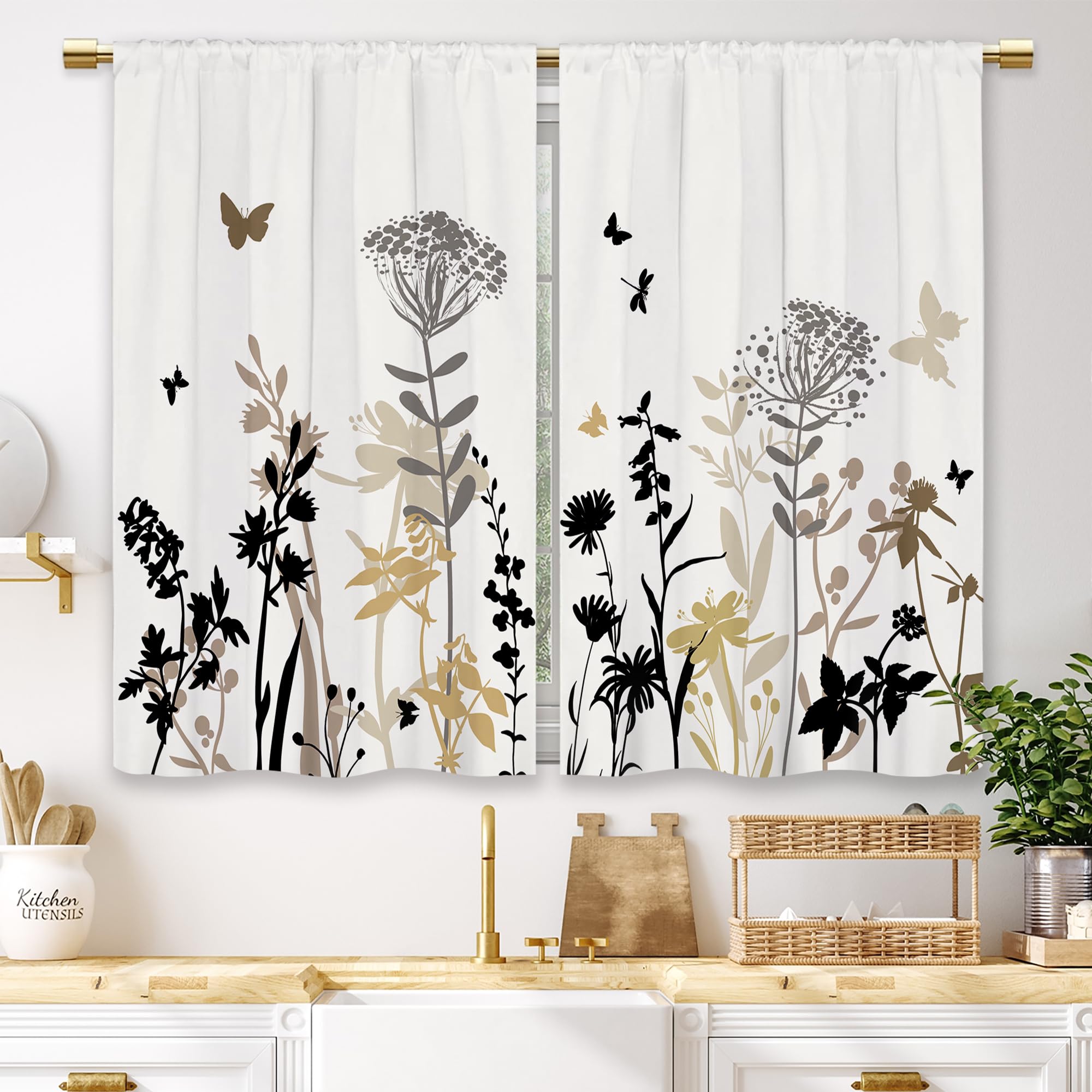 Laifzere Beige Floral Kitchen Curtains Boho Flower Botanical Leaves Small Short Cafe Window Curtains Rustic Wildflower Plant Vin
