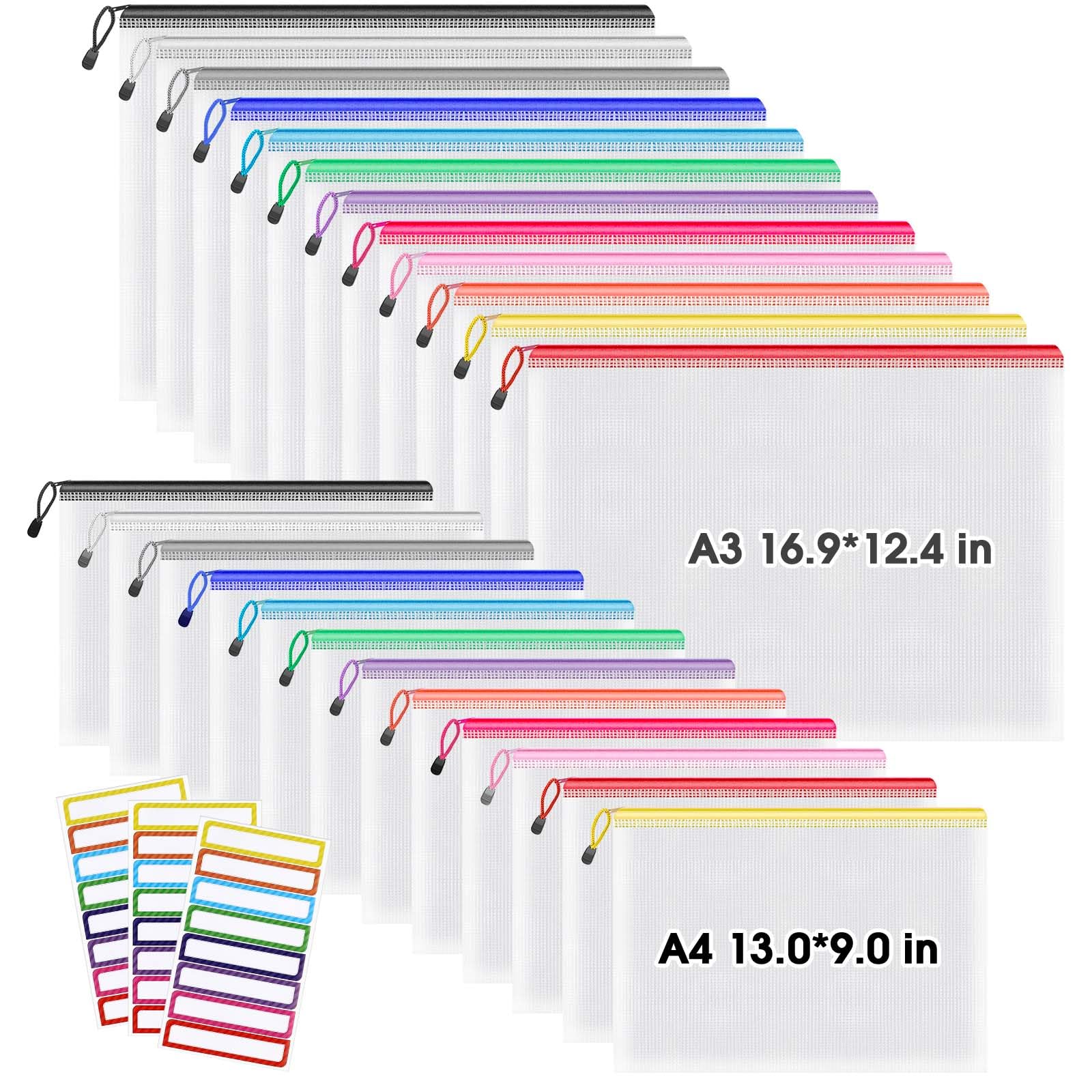 Umriox Mesh Zipper Pouch Bags, A3+A4 (12 Colors, 24 Packs), Zipper Pouches For Organizing, Zipper Bags For Office Supplies Trave