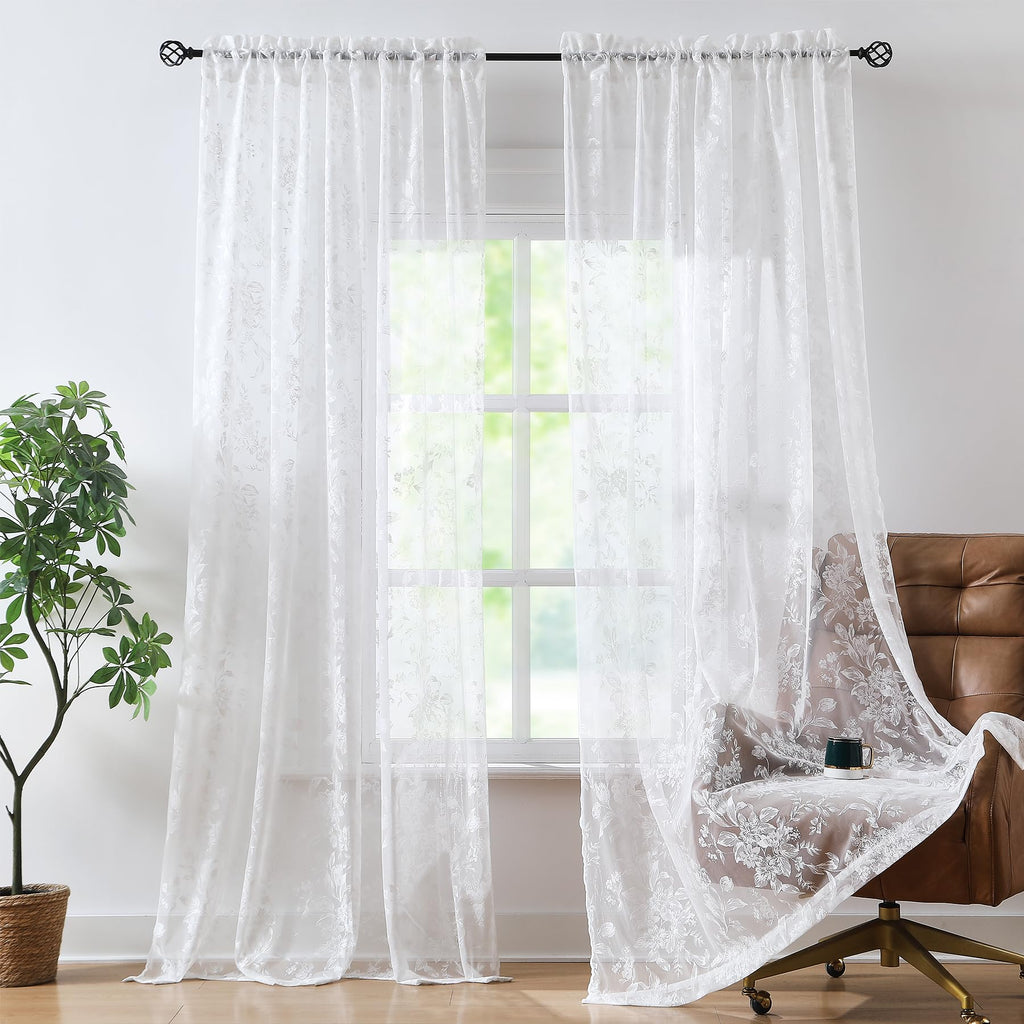 Treatmentex Floral White Lace Curtains 63 Inch Length, French Rose Embroidered Sheer Curtains For Living Room Bedroom, Light Fil