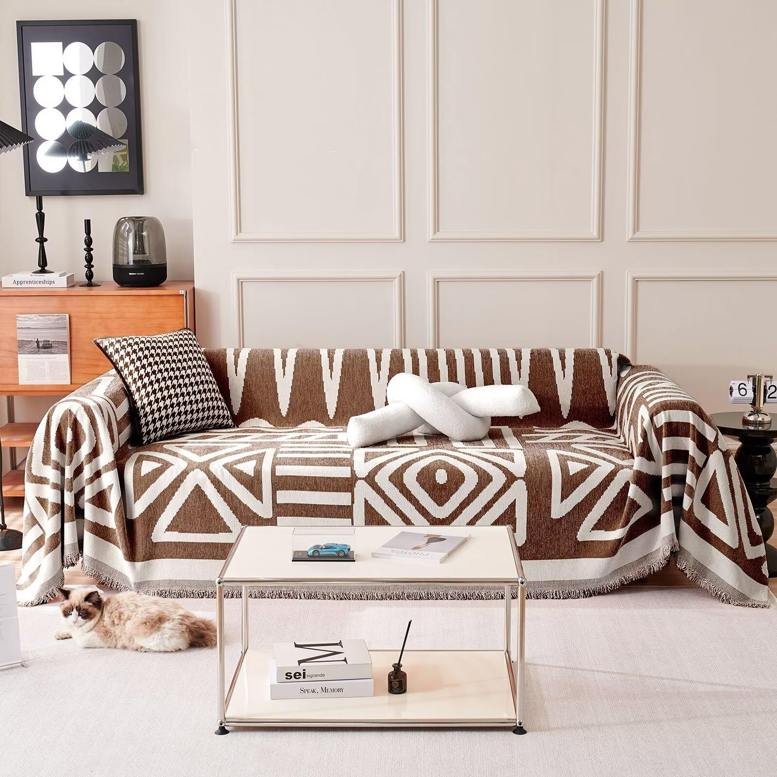 Vclife Boho Sofa Cover For 3 Cushion Couch Sofa Thick Soft Chenille Sofa Slipcover Modern Chocolate White Plaid Triangle Geometr