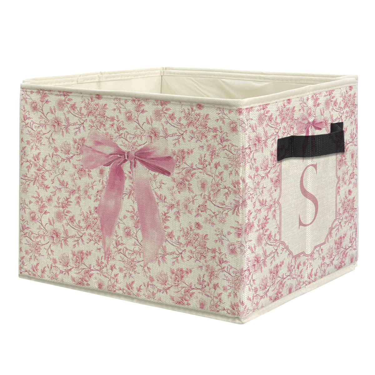 uinwk Coquette Pink Bow Floral Monogram Storage Bins, Monogrammed Initial S Pink Collapsible Storage Box Laundry Basket with Han
