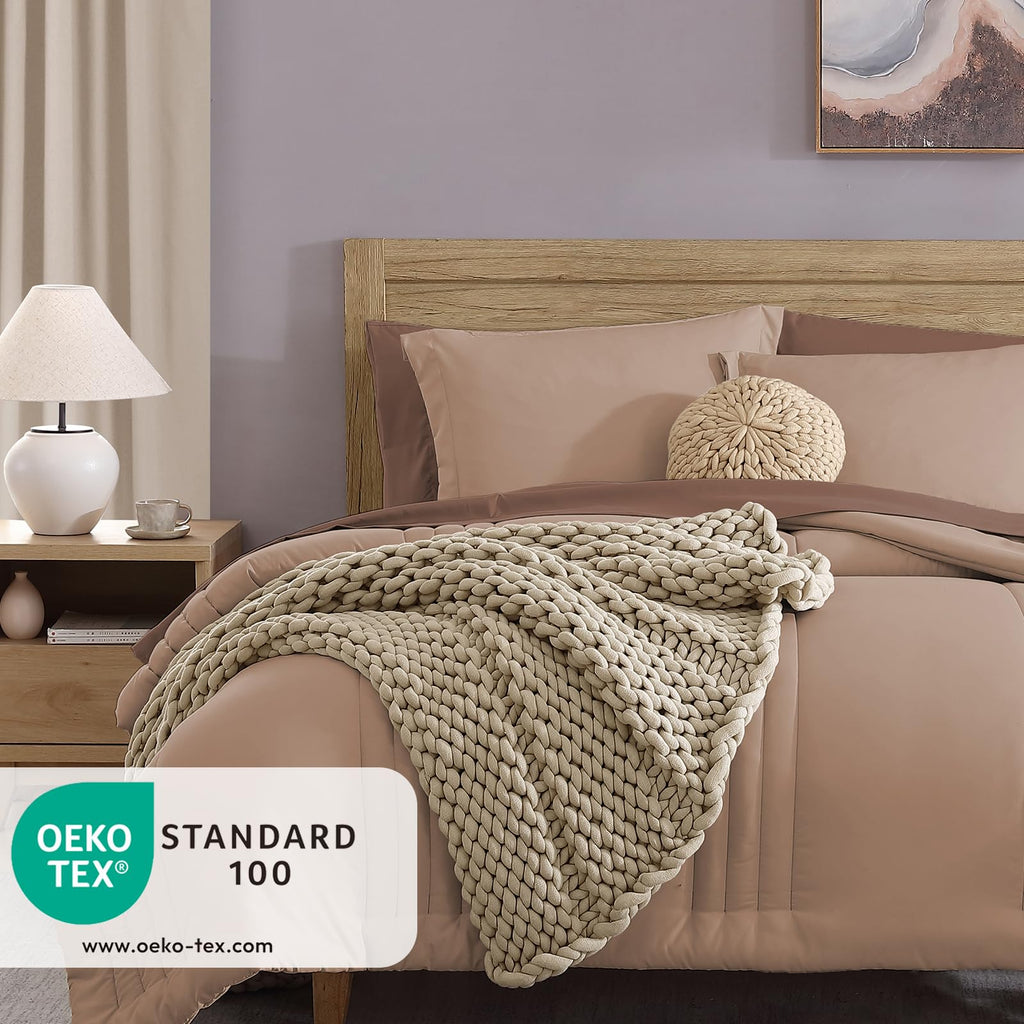 Monbix Queen Comforter Set - 7 Pieces Rust Pink Bed In A Bag Queen Bedding Sets With Comforters, All Seasons Down Alternative Co