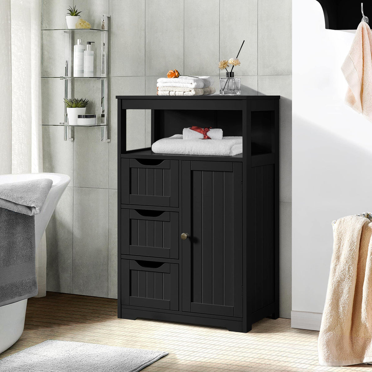 Yaheetech Bathroom Floor Cabinet, Free Standing Wooden Storage Organizer Multiple Tiers Storage Cabinet For Living Room, Black