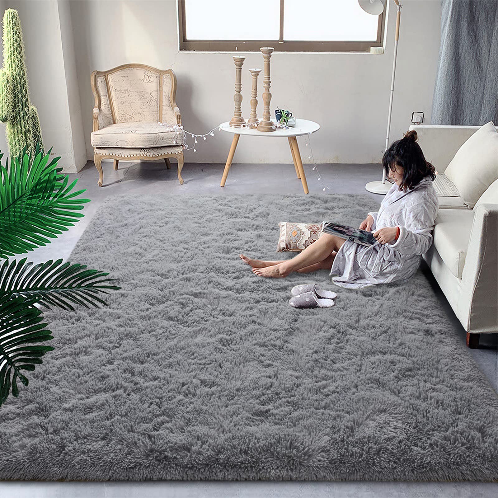 DweIke Fluffy Shaggy Area Rug, Grey Plush Rugs for Living Room Bedroom, Soft Carpets for Kids Girls Boys Room, Extra Large Fuzzy