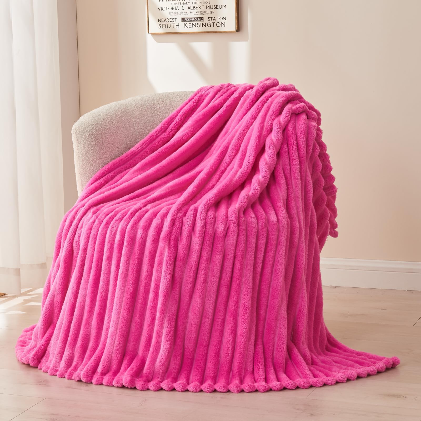 Newcosplay Super Soft Twin Blanket Hot Pink Premium Silky Flannel Fleece 3D Ribbed Jacquard Lightweight Bed Blanket All Season U