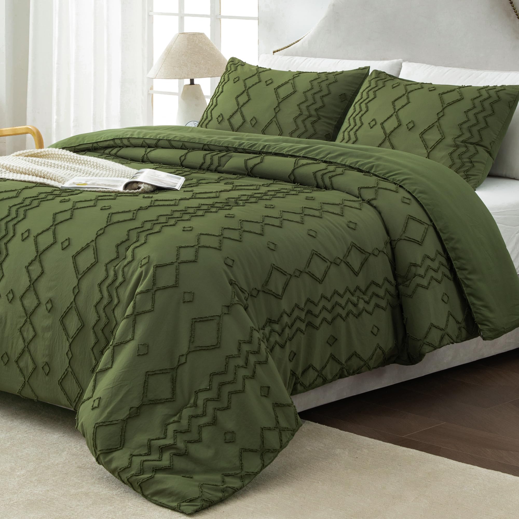Andency Olive Green Tufted Comforter Set Full(79X90Inch), 3 Pieces(1 Boho Comforter, 2 Pillowcases) Textured Farmhouse Comforter, Soft Microfiber Down Alternative Geometric Comforter Bedding Set