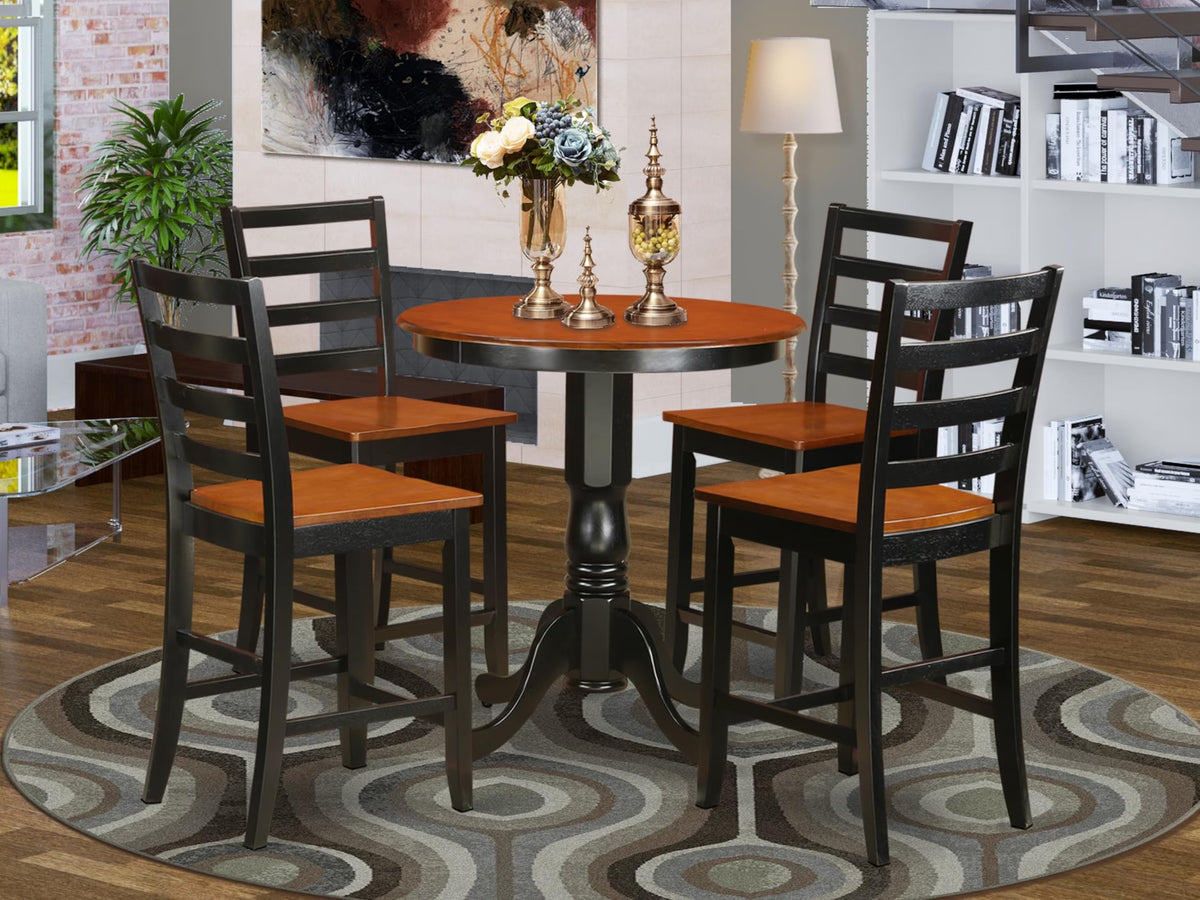 East West Furniture EDFA5-BLK-W 5 Piece Counter Height Dining Table Set Includes a Round Kitchen Table with Pedestal and 4 Dining Chairs, 30x30 Inch, Black & Cherry