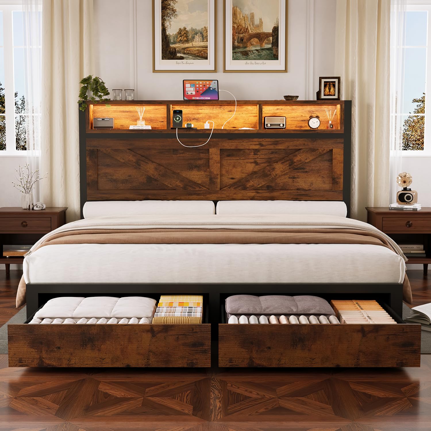 Incyneva Farmhouse Queen Bed Frame with Bookcase Storage Headboard, Charging Station, LED Light and 2 Storage Drawers, Noise Fre