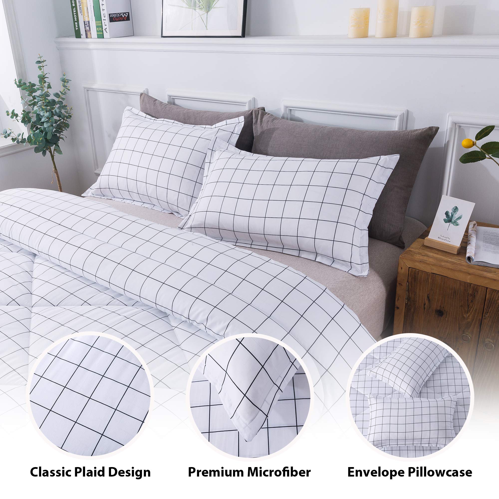 Andency White Full Size Comforter Set, 3 Pieces Lightweight Grid Bedding Comforter Sets, White Black Striped Fluffy Microfiber B