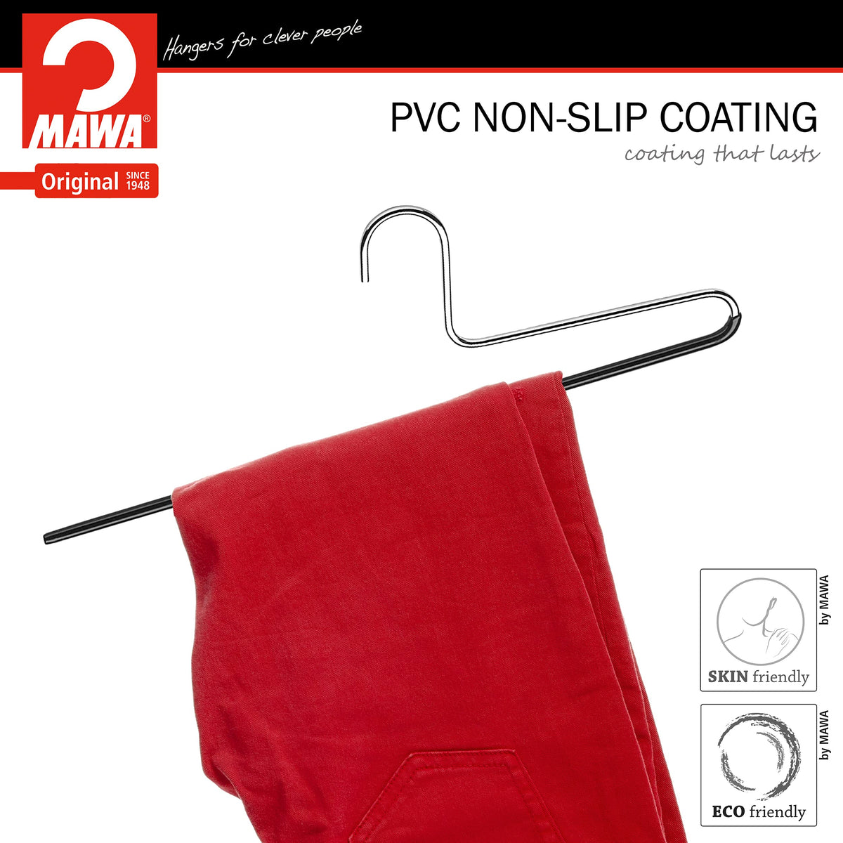 Mawa By Reston Lloyd Trouser Series Non-Slip Space-Saving Clothes Hanger With Single Rod For Pants, Style Kh/1, 1-Each, Black