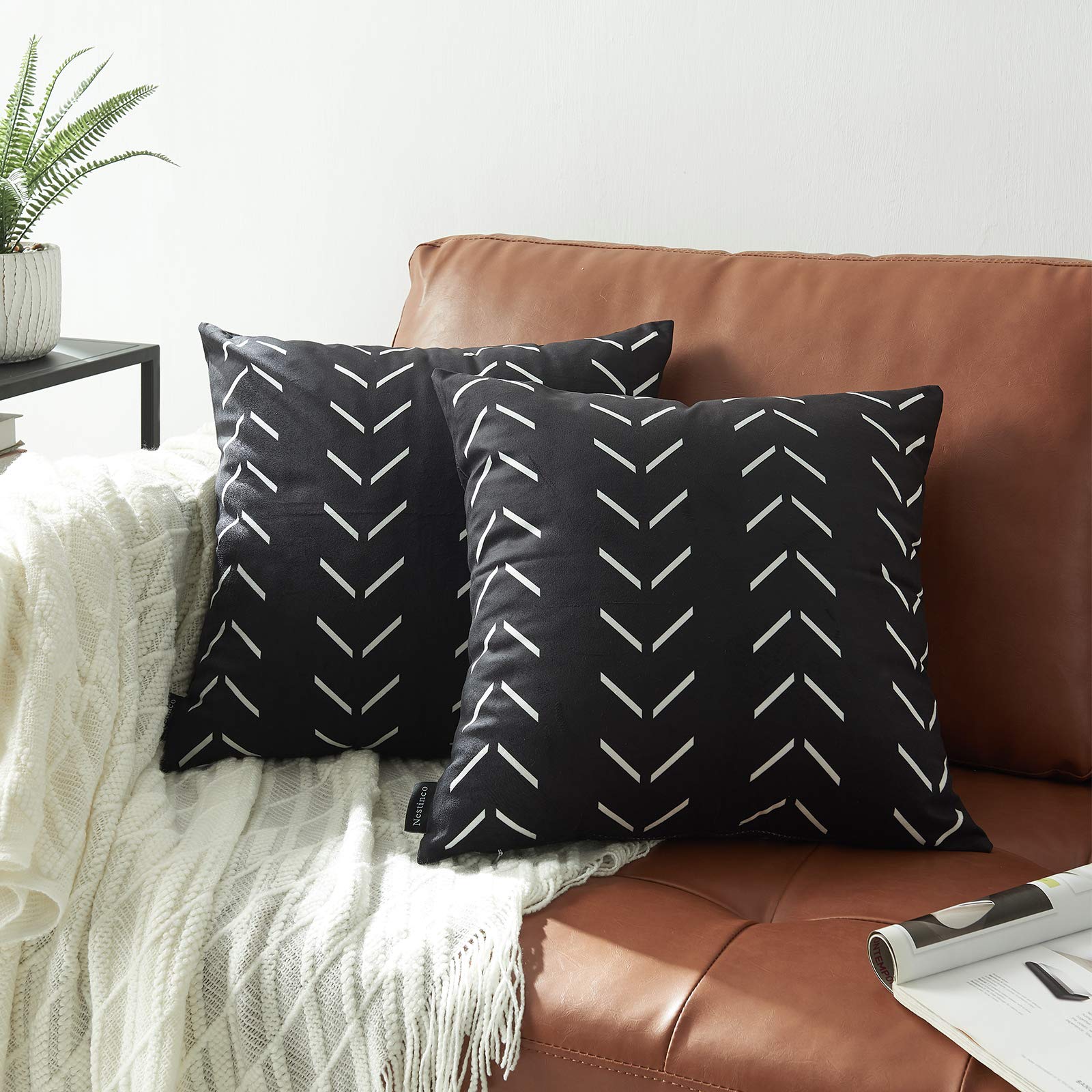 Nestinco Set Of 2 Boho Pillow Covers 24 X 24 Inches Black Square Pillow Covers With White Arrows Print Polyester Blend Decorativ