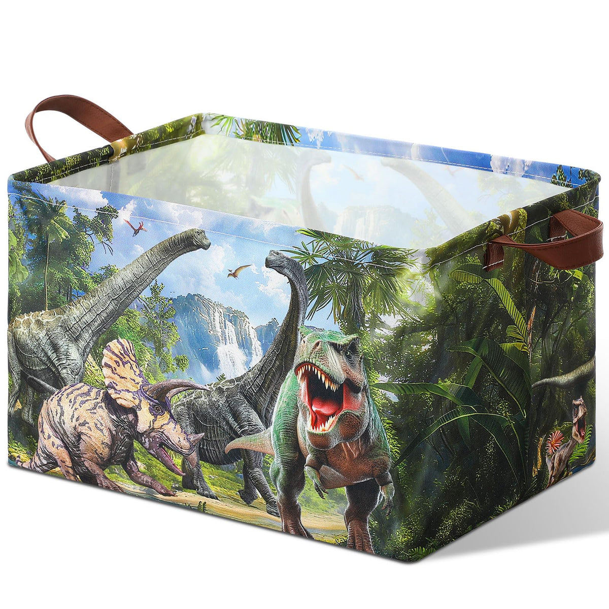 Capoda Dinosaur Toy Box Chest with Leather Handle  Collapsible Sturdy Dinosaur Toy Chest Basket, Rectangular Dino Storage Organ