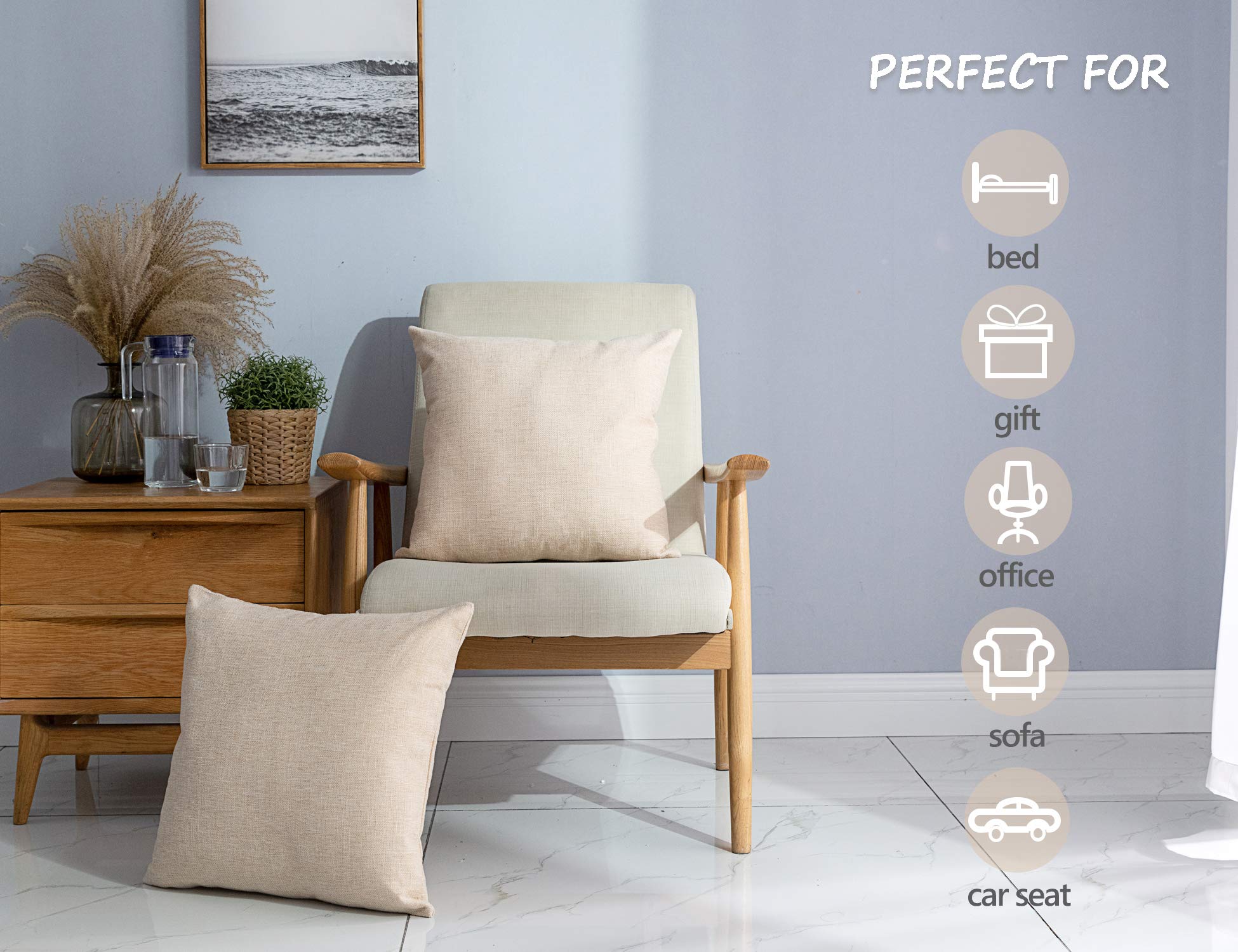 Stellhome Linen Throw Pillow Covers Square Solid Burlap Cushion Covers For Bed Couch Sofa Bench, 24 X 24 Inch (60 X 60 Cm), Beig