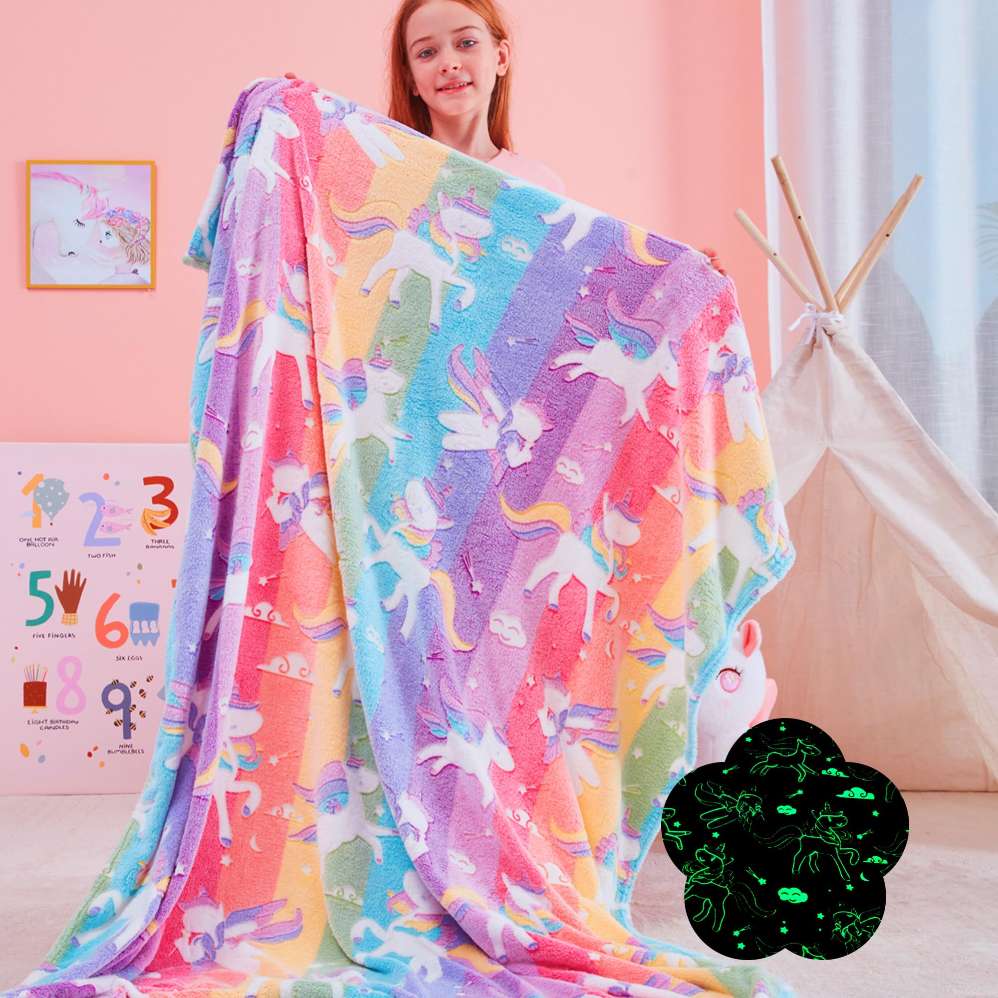 Qsteheml Unicorns Glow In The Dark Blanket For Girls,Unicorns Gifts For Girls Age 3 4 5 6 7 8 9 10 11 12 Year Old, Soft Unicorns