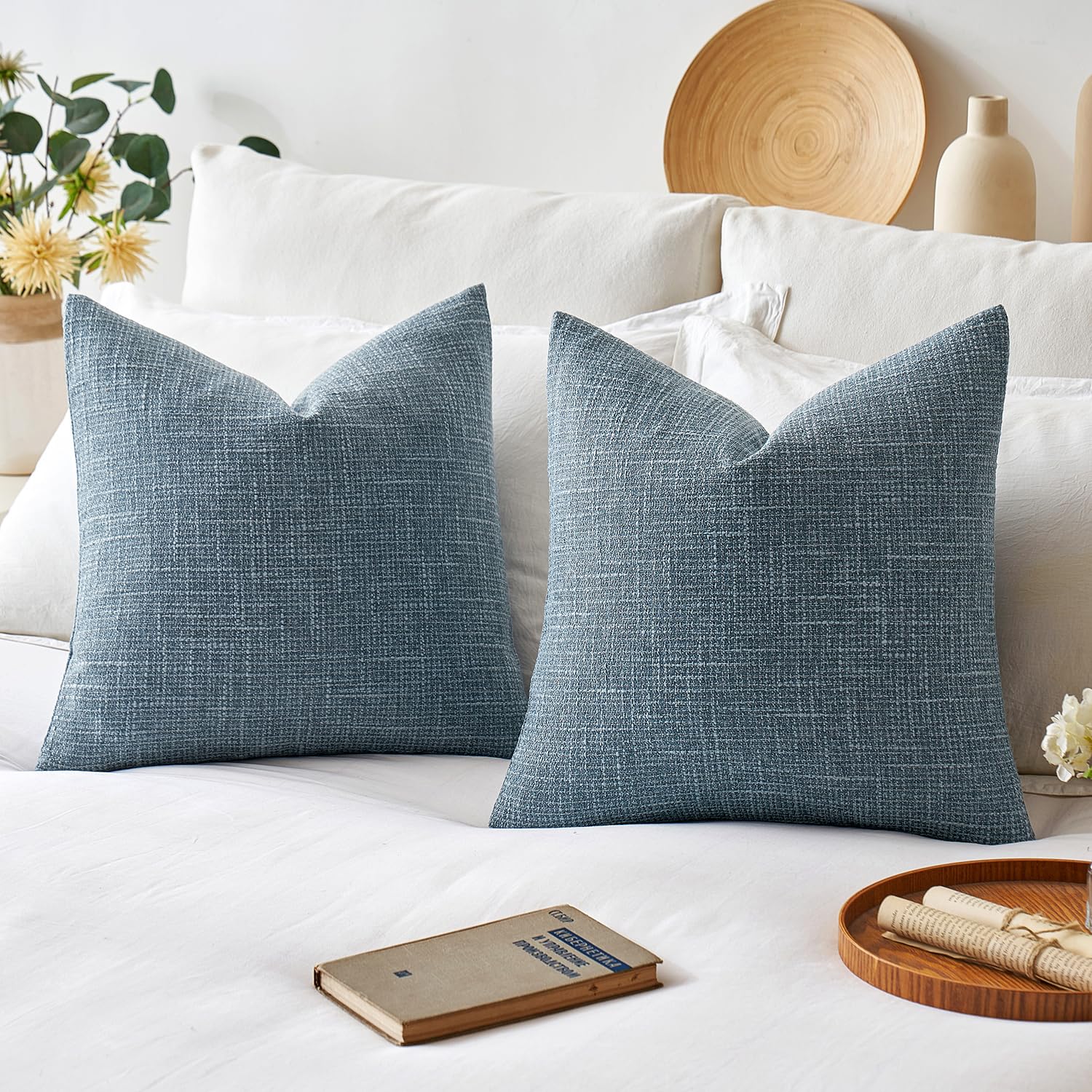 Miulee Burlap Linen Throw Pillow Covers 24X24 Inch Blue Decorative Pillow Covers Modern Farmhouse Pillowcases Soft Accent Cushio