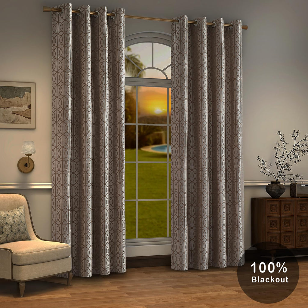 Light Khaki And Silvery 100% Blackout Curtains 63 Inch Length 2 Panels, Jacquard Thermal Insulated Noise Reducing Grommet Drapes