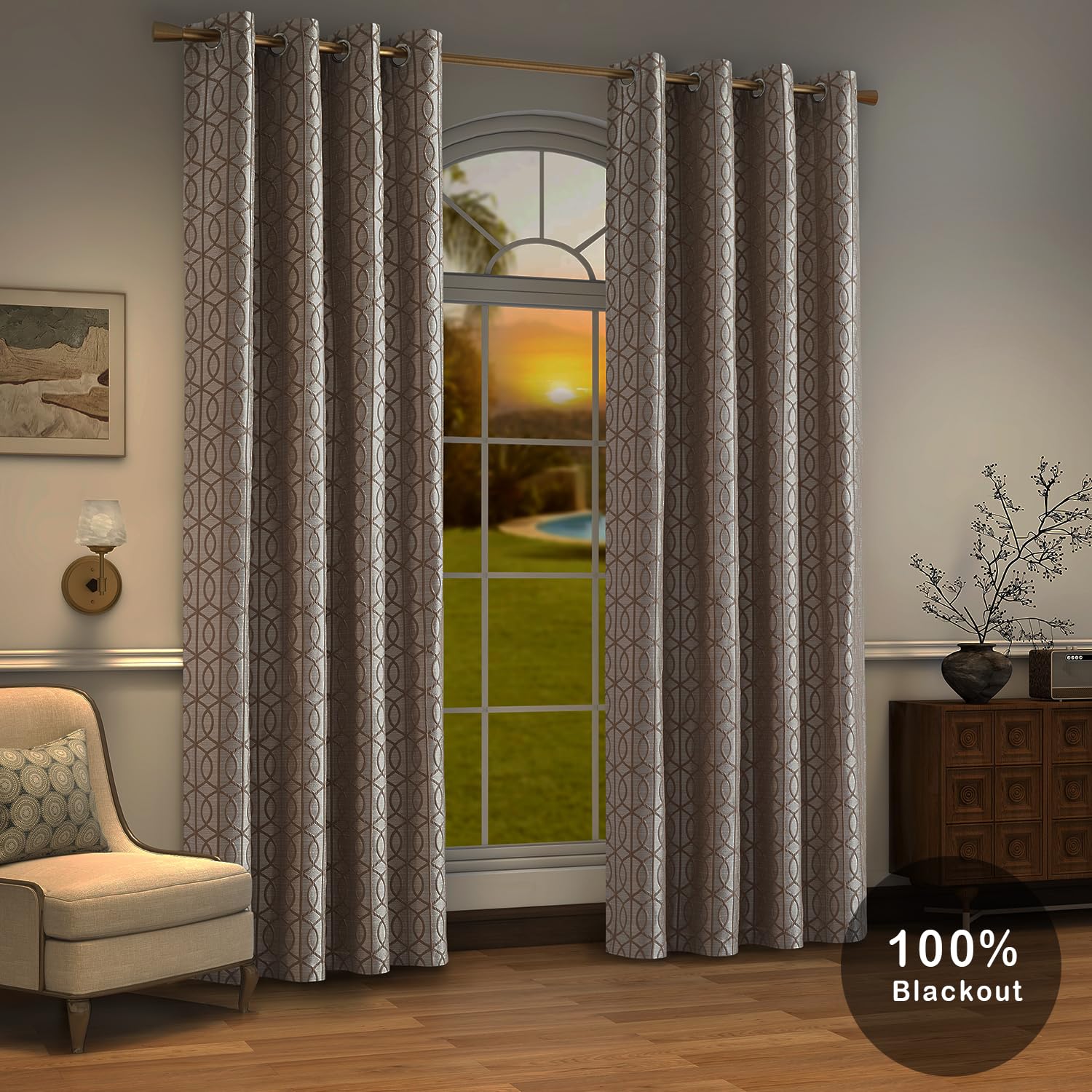 Light Khaki And Silvery 100% Blackout Curtains 63 Inch Length 2 Panels, Jacquard Thermal Insulated Noise Reducing Grommet Drapes