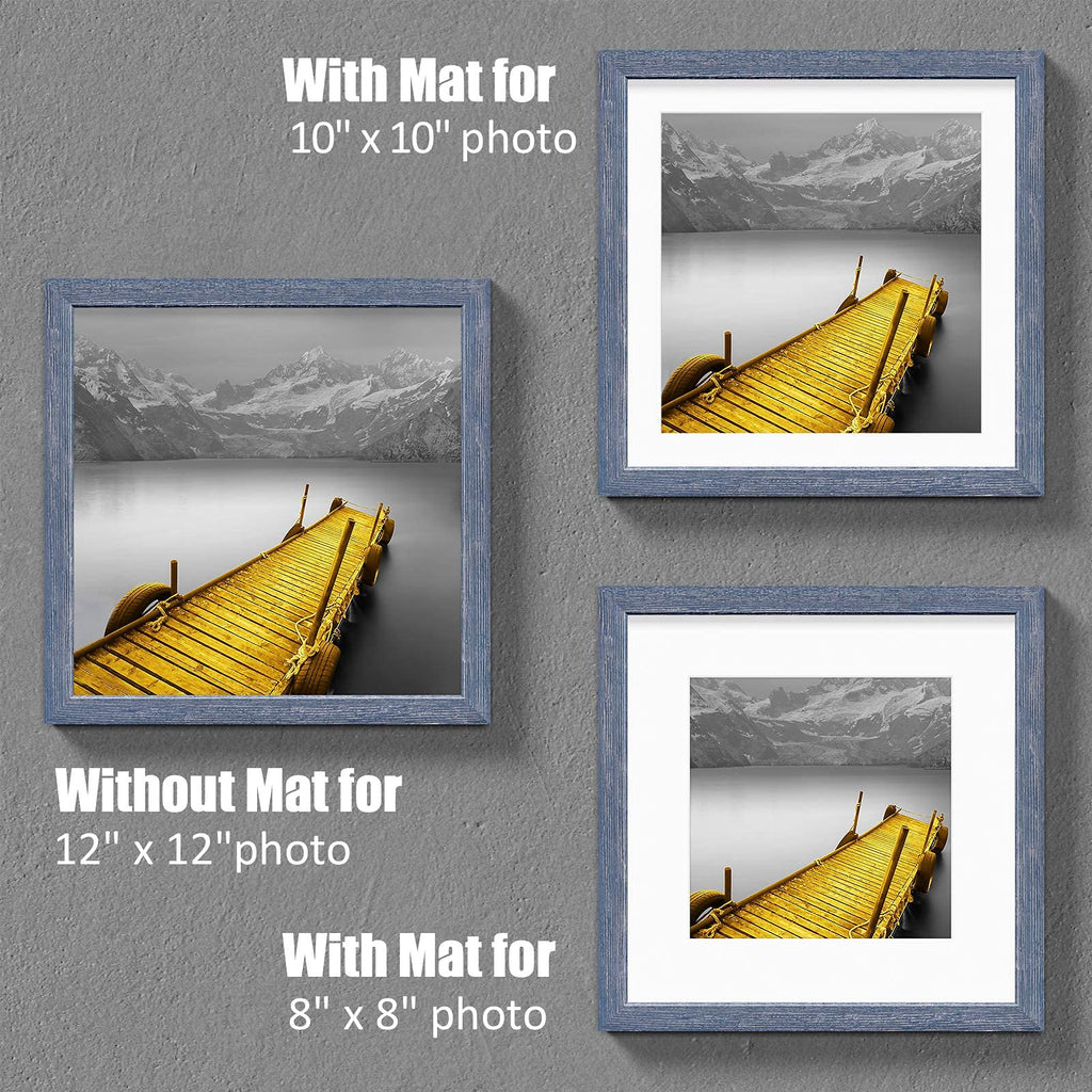 12X12 Picture Frames Wood Distressed Blue Display Pictures 10X10 Or 8X8 With Mat Or 12X12 Without Mat - 12X12 Inch Square Photo