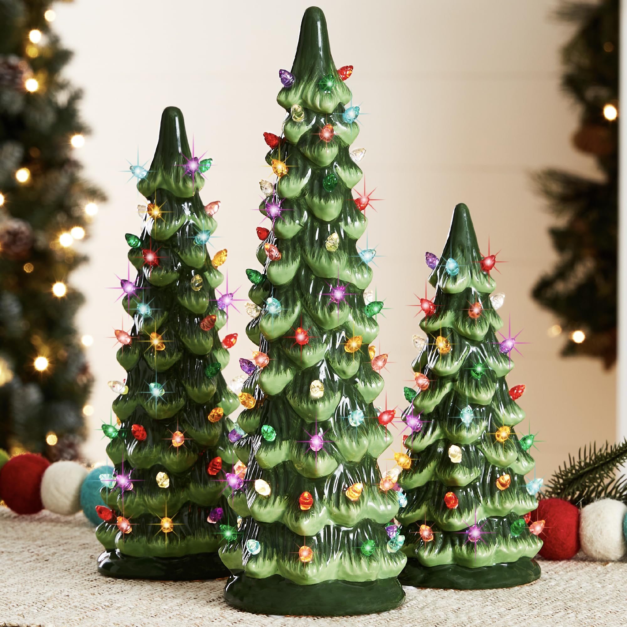 Best Choice Products Set of 3 Ceramic Christmas Trees, Pre-Lit Hand-Painted Tabletop Holiday Decoration w/Multicolor Bulbs, LED 