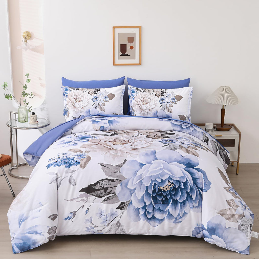 Dintszyayue Floral Comforter Set King 7 Pieces Blue Bed in a Bag Elegant Flower Bedding Sets Lightweight Complete Bed Comforter 