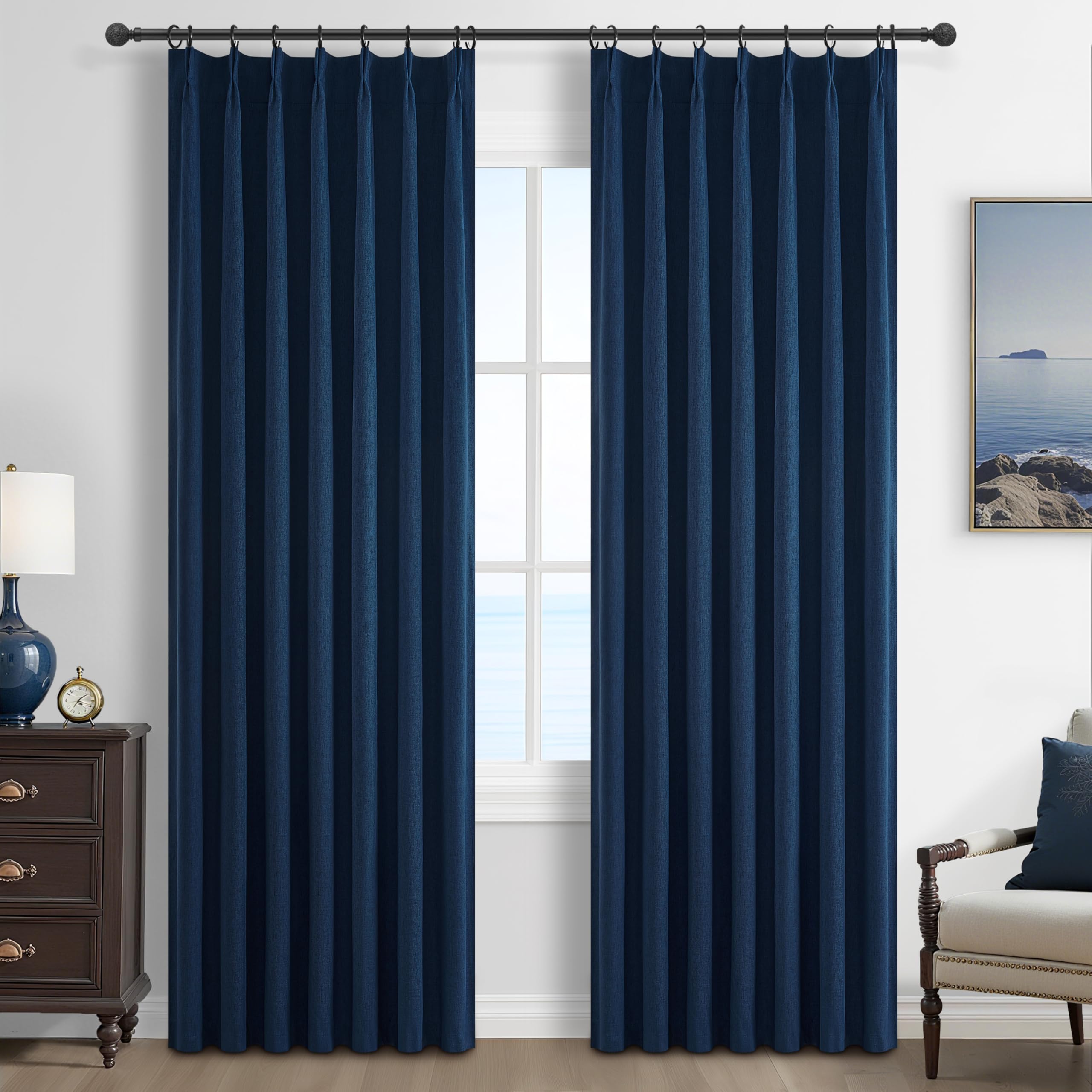 QJmydeco Navy Blue Blackout Curtains 90 Inch Length for Kids/Boys Rooms/Bedroom, Pinch Pleated Drapes with Hooks Viral Linen The