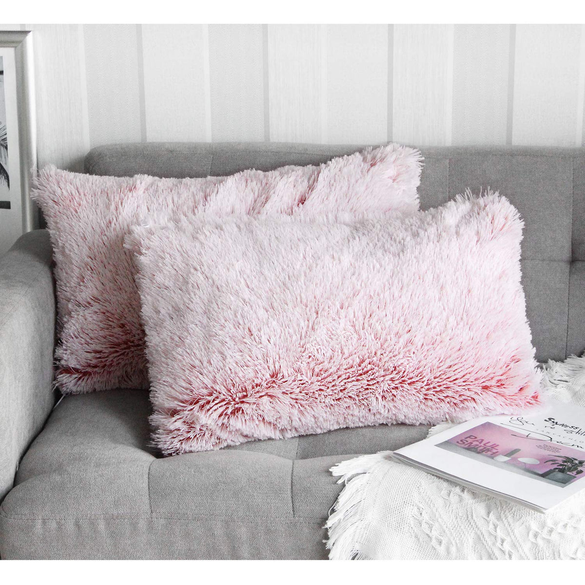 Uhomy 2 Packs Fluffy Accent Pillows Cover 20x12, Soft Pink Ombre Faux Fur Throw Pillow Case, Modern Luxury Decorative Square Cushion Cover for Farmhouse Home Decor for Sofa/Bed/Chair, 50x30cm