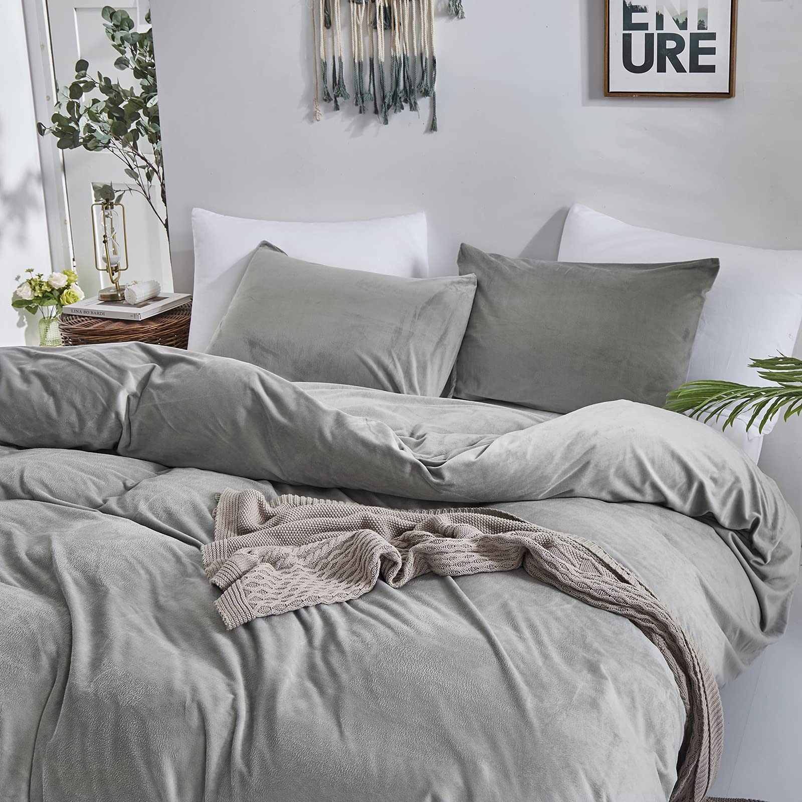 Clothknow Grey Velvet Comforter Set California King Gray Bedding Comforter Sets Fluffy Comforter Grey Bedding Sets Oversized King Comforter 3Pcs Grey Comforter Sets Cal King