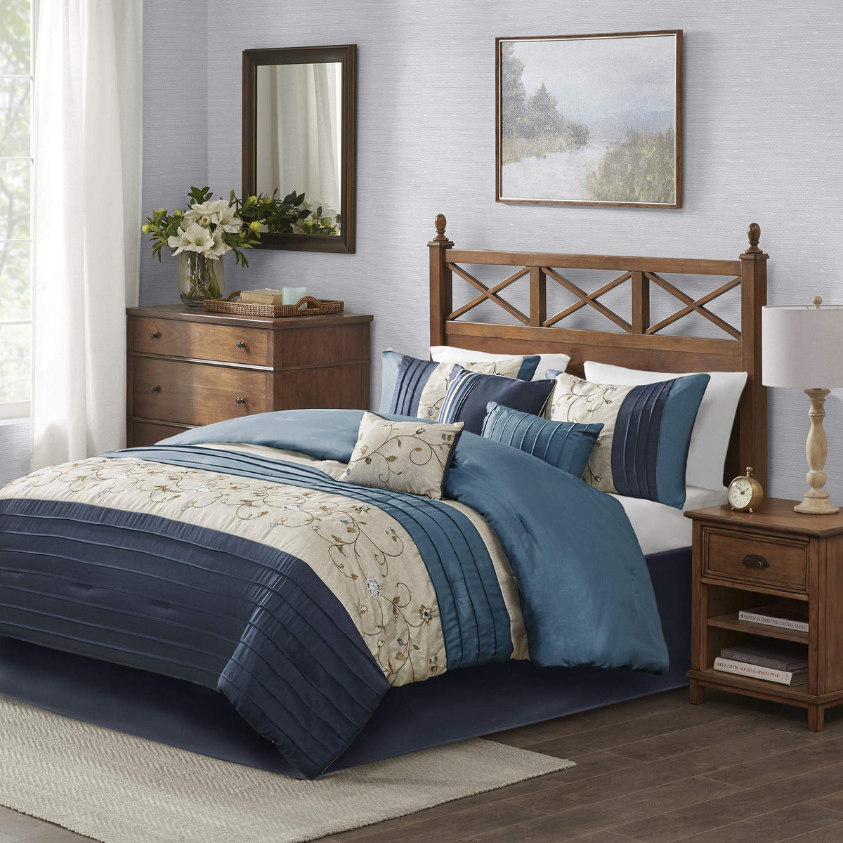 Madison Park Serene Faux Silk Comforter Set - Floral Embroidery Design, All Season Bedding Set, Matching Bed Skirt, Decorative Pillows, Navy Queen(90'X90') 7 Piece