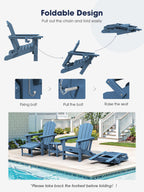 Kingyes Folding Adjustable Adirondack Chair With Retractable Ottoman Set Of 2, Hdpe Weather Resistance Outdoor Patio Chair With Cup Holders, Wood-Like Reclining Versatile Adirondack Chair, Blue